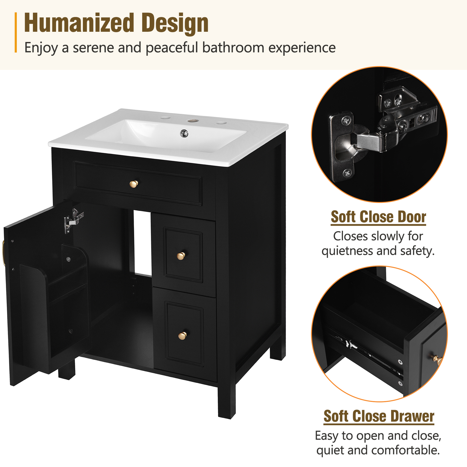 24Inch Bathroom Vanity Modern Bathroom Storage Cabinet with Ceramic Sink Black