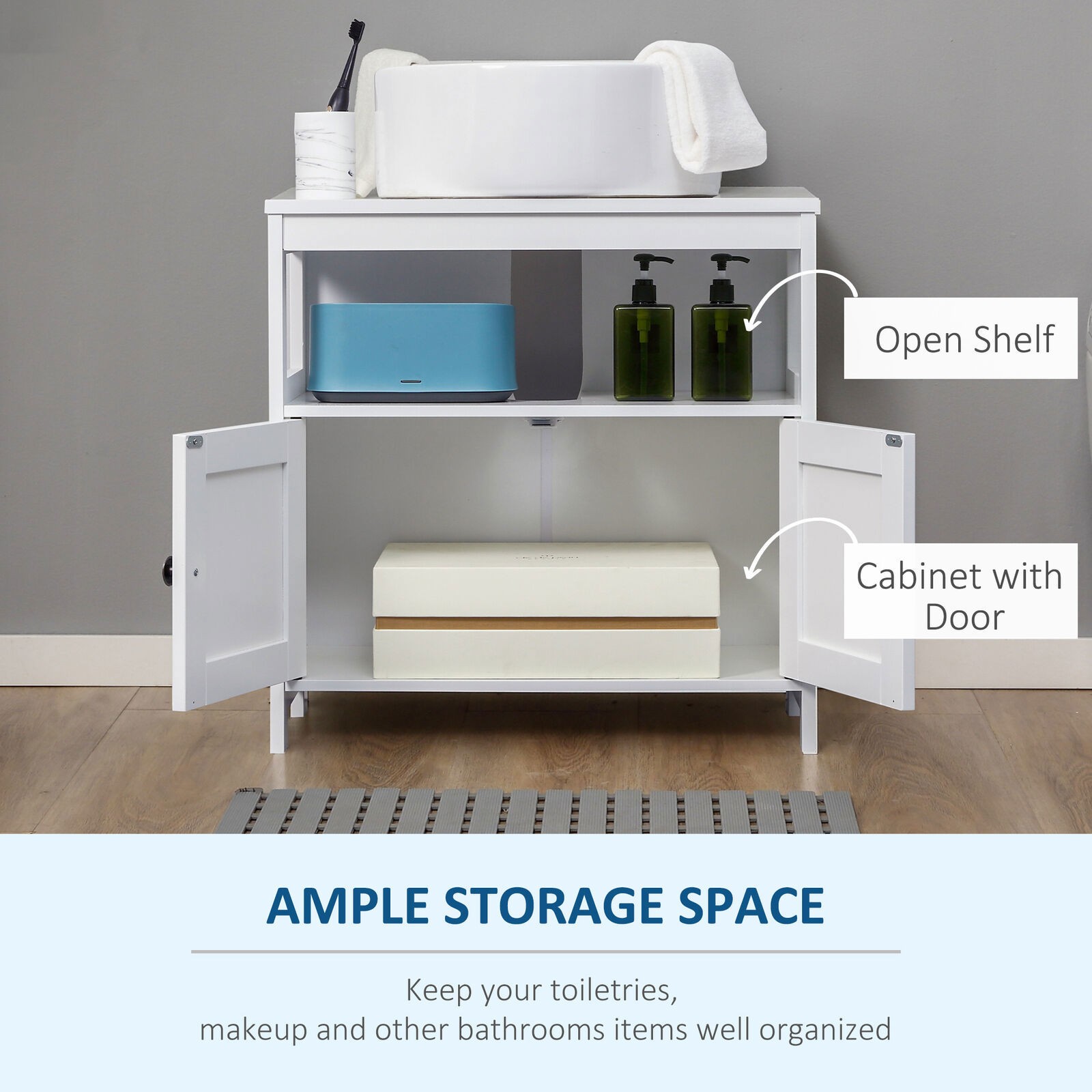 Pedestal Under Sink Cabinet w/ Doors, Bathroom Storage Organizer Unit, White