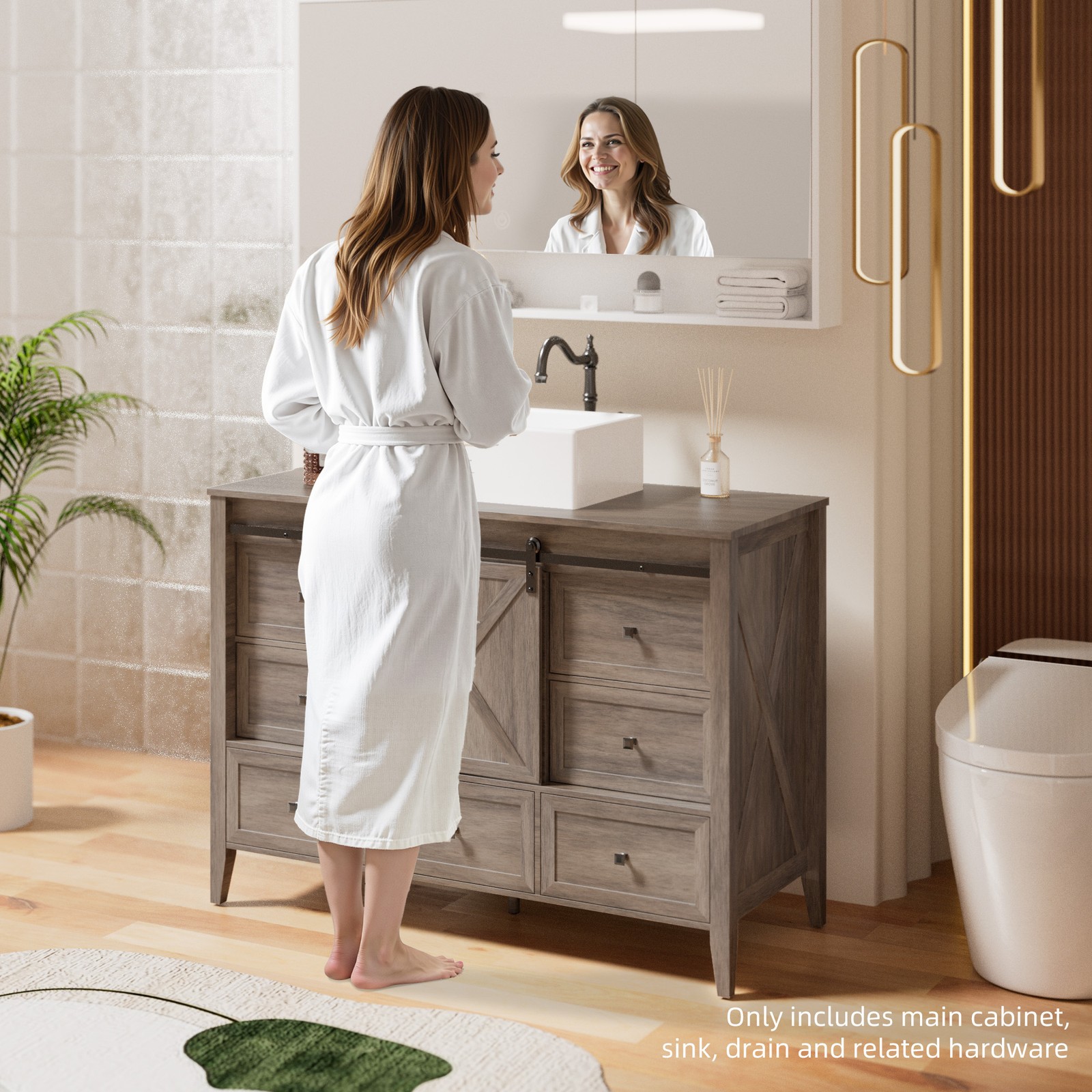 48″ Bathroom Vanity Bathroom Storage Cabinet with Ceramic Sink Farmhouse Wood