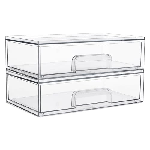 12.1”W Clear Stackable Storage Drawers – 2 Pack Acrylic Plastic – Wide