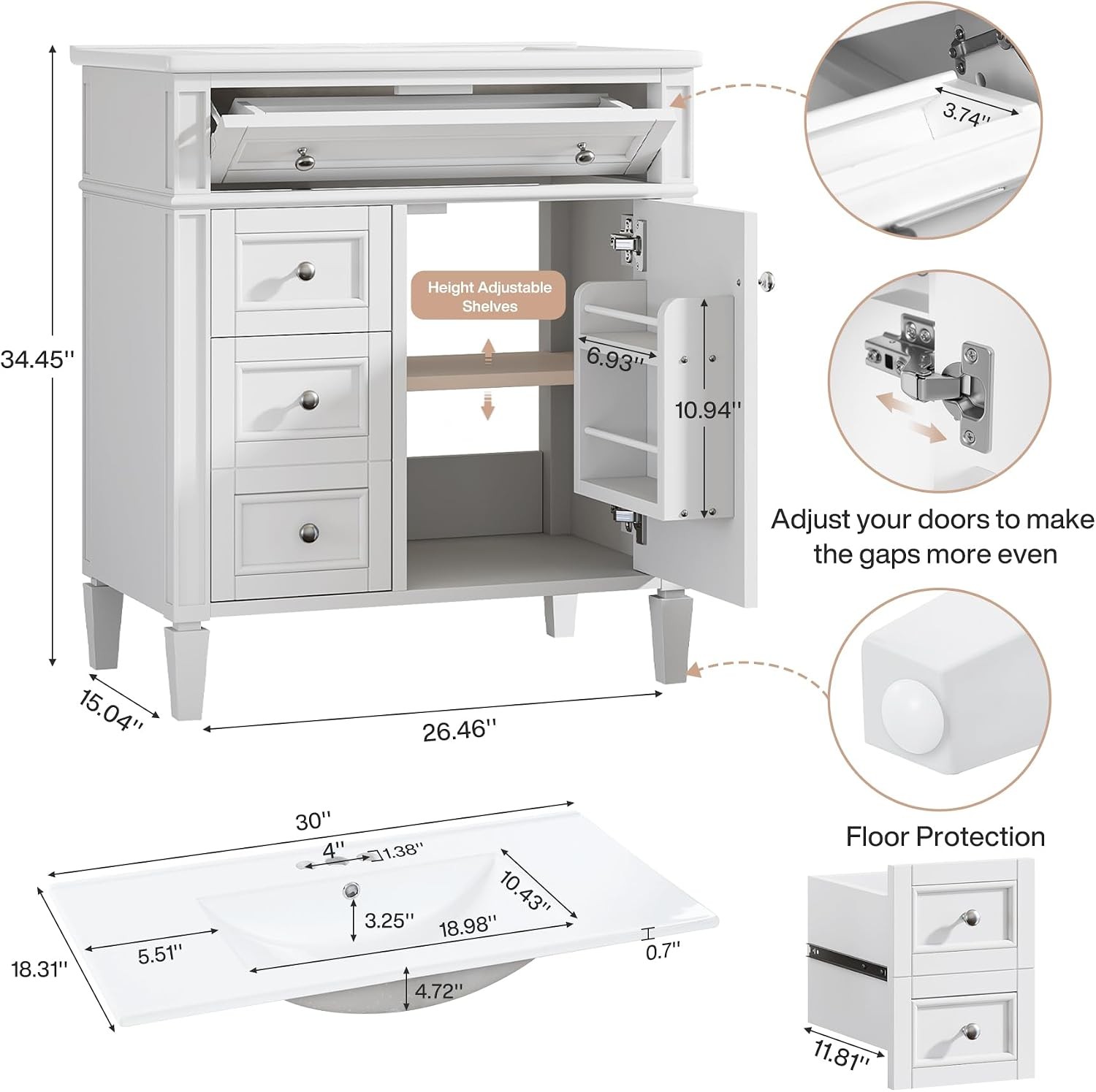 30″ Bathroom Vanity w/Ceramic Sink, 3 Drawers, Freestanding Bath Vanity Cabinet