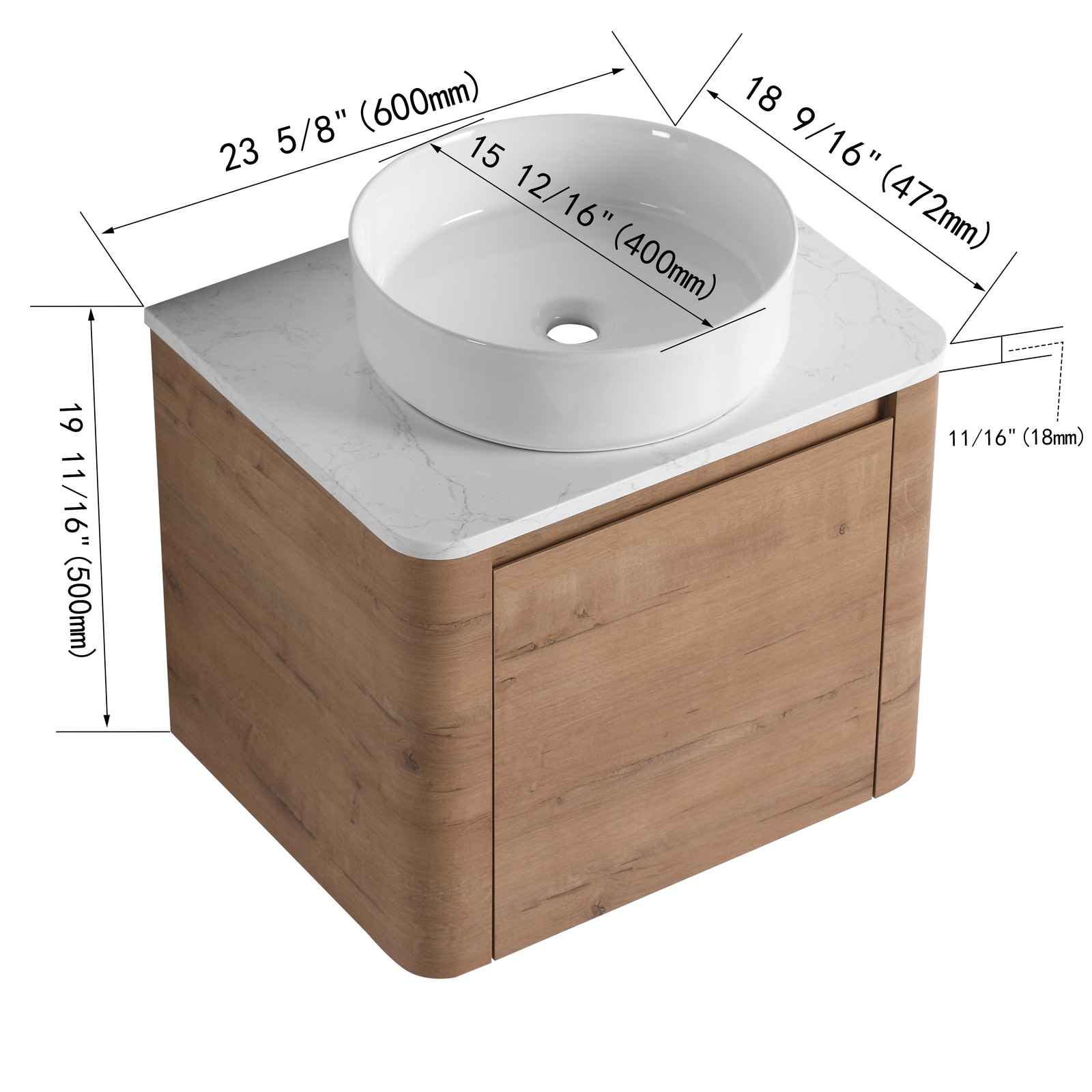 24 In Bathroom Vanity With White Flat Stone Slab Top White Ceramic Vessel Sink