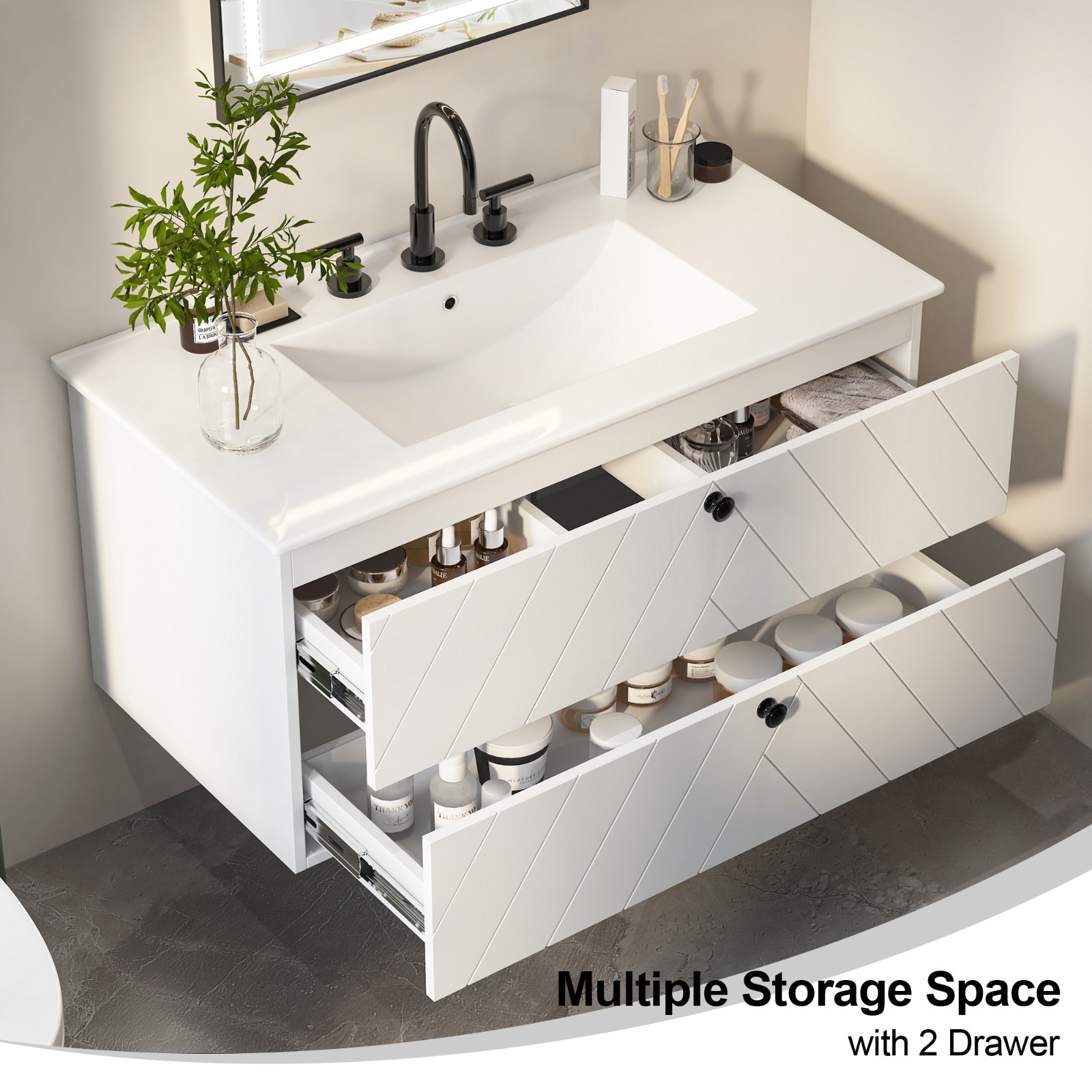36″ 30″ 24″ Wall Mounted Bathroom Vanity Cabinet with Ceramic Sink Combo White