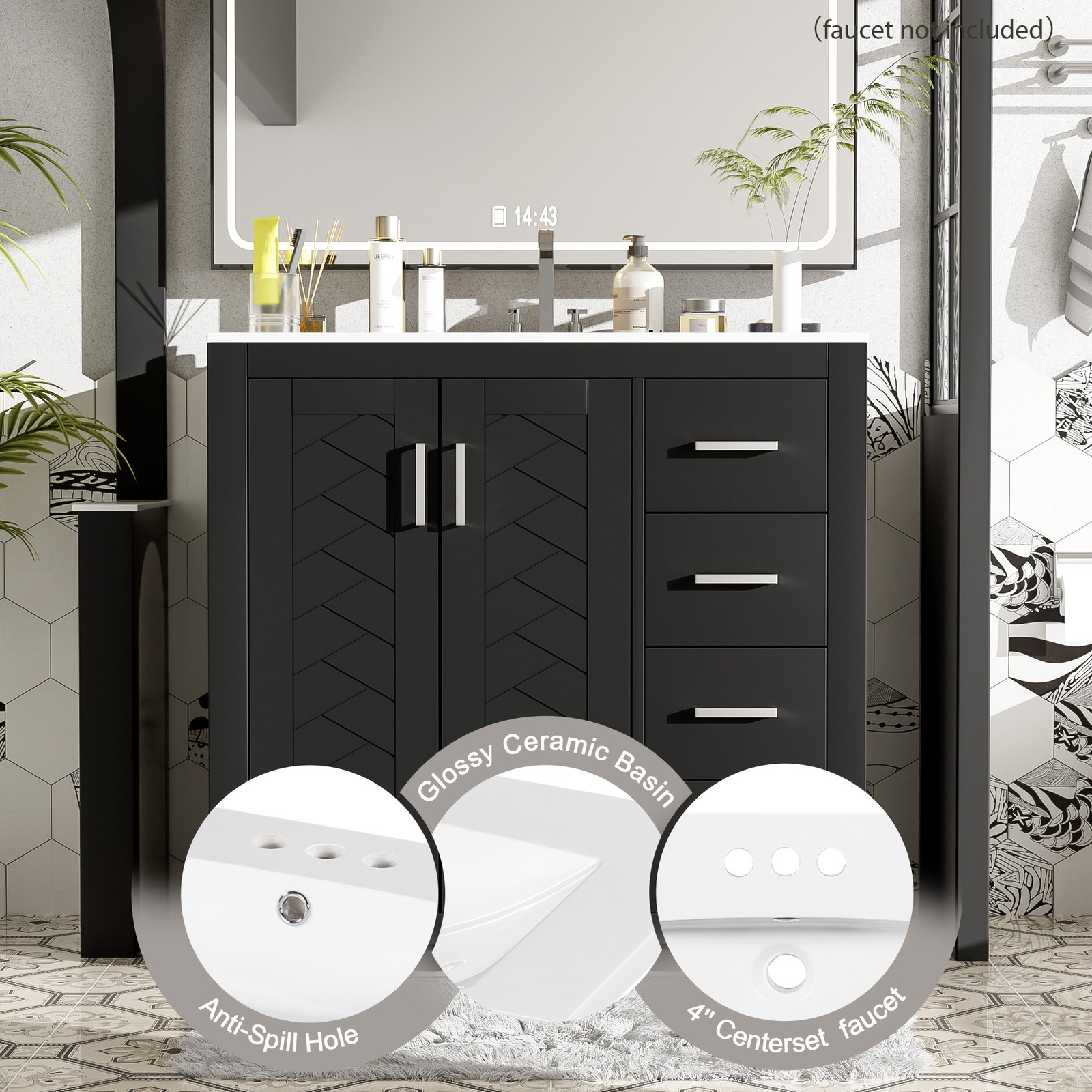 36″ Bathroom Vanity with Ceramic Sink, Solid Wood Frame, 3 Drawers, Black