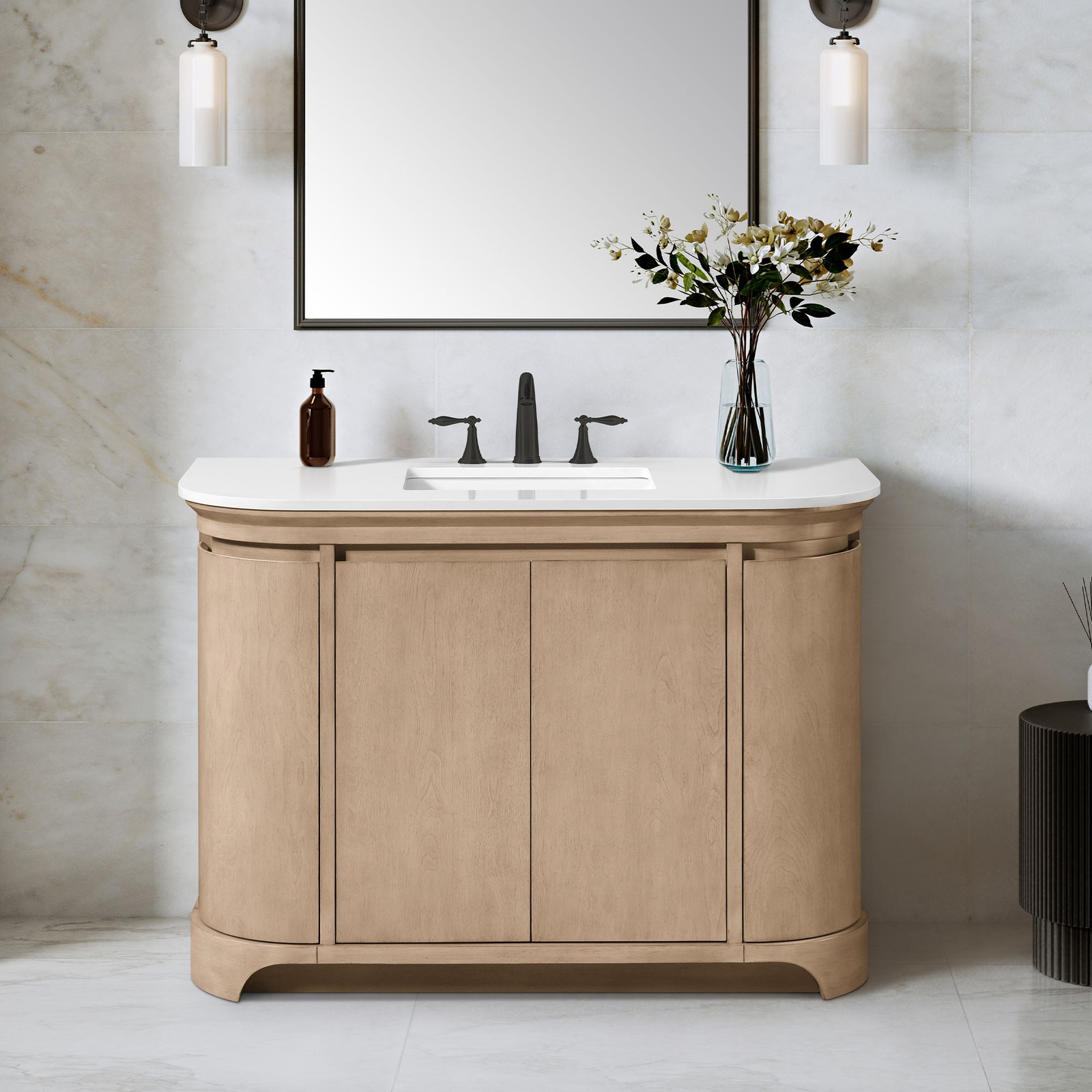 Dain 48″ Bathroom Vanity in Sahara Birch with White Countertop
