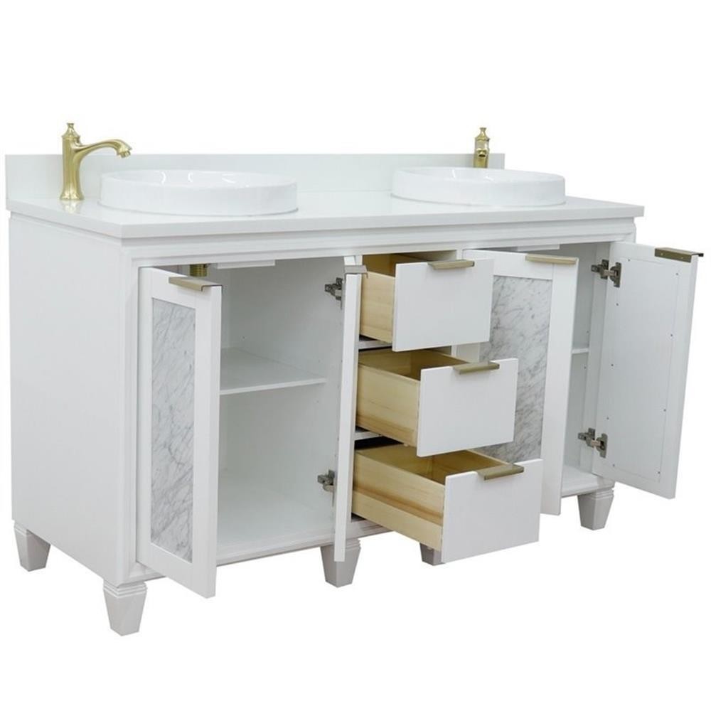 Pemberly Row 61″ Double Round Sink Solid Wood Vanity in White/White Quartz Stone