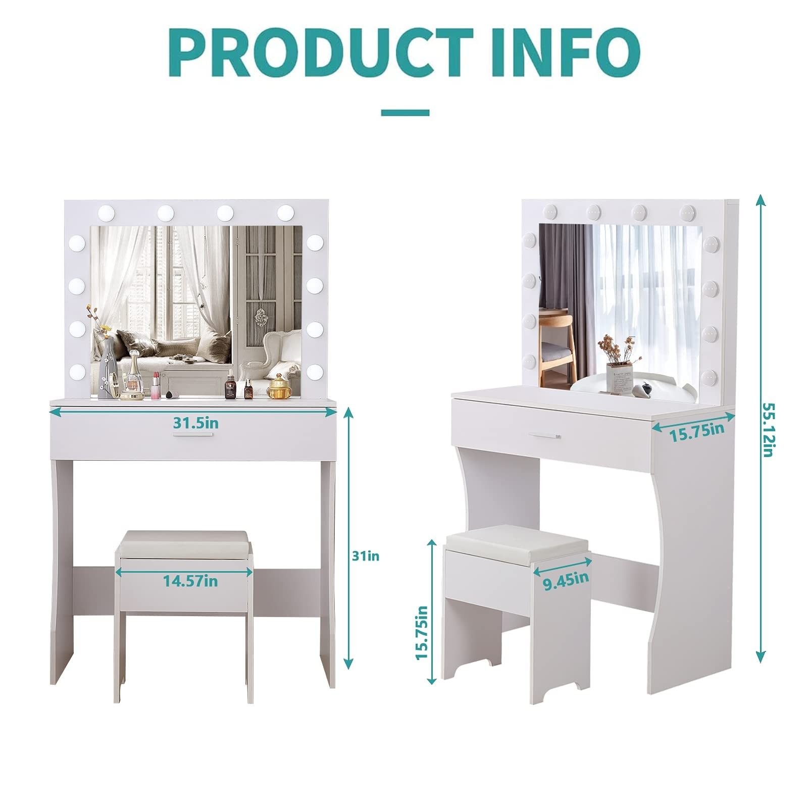 Makeup Vanity Desk with Lights Dimmable Large Drawer Sturdy Bedroom Studio White