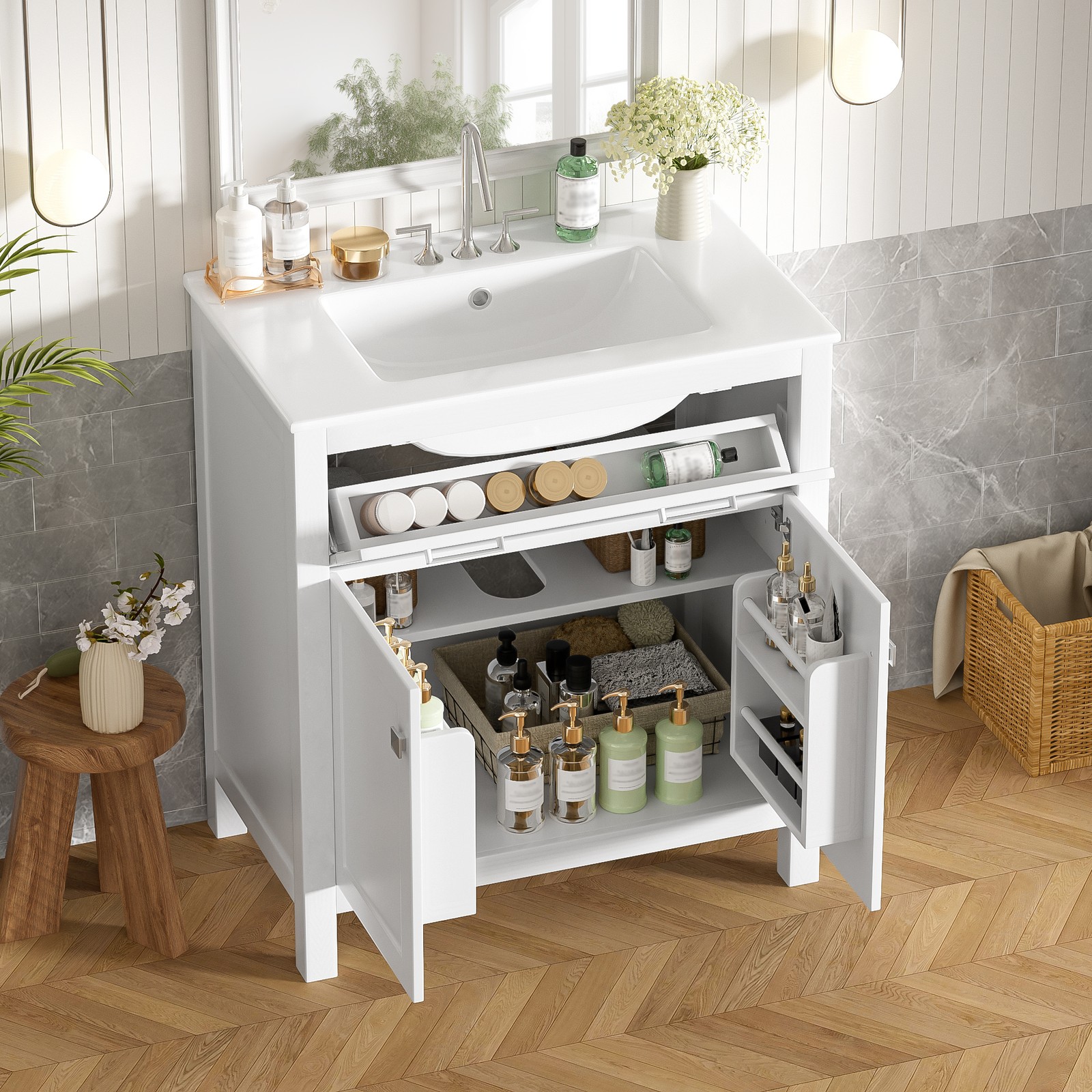 30-inch Bathroom Vanity with Ceramic Sink, Modern White Single Bathroom Cabinet