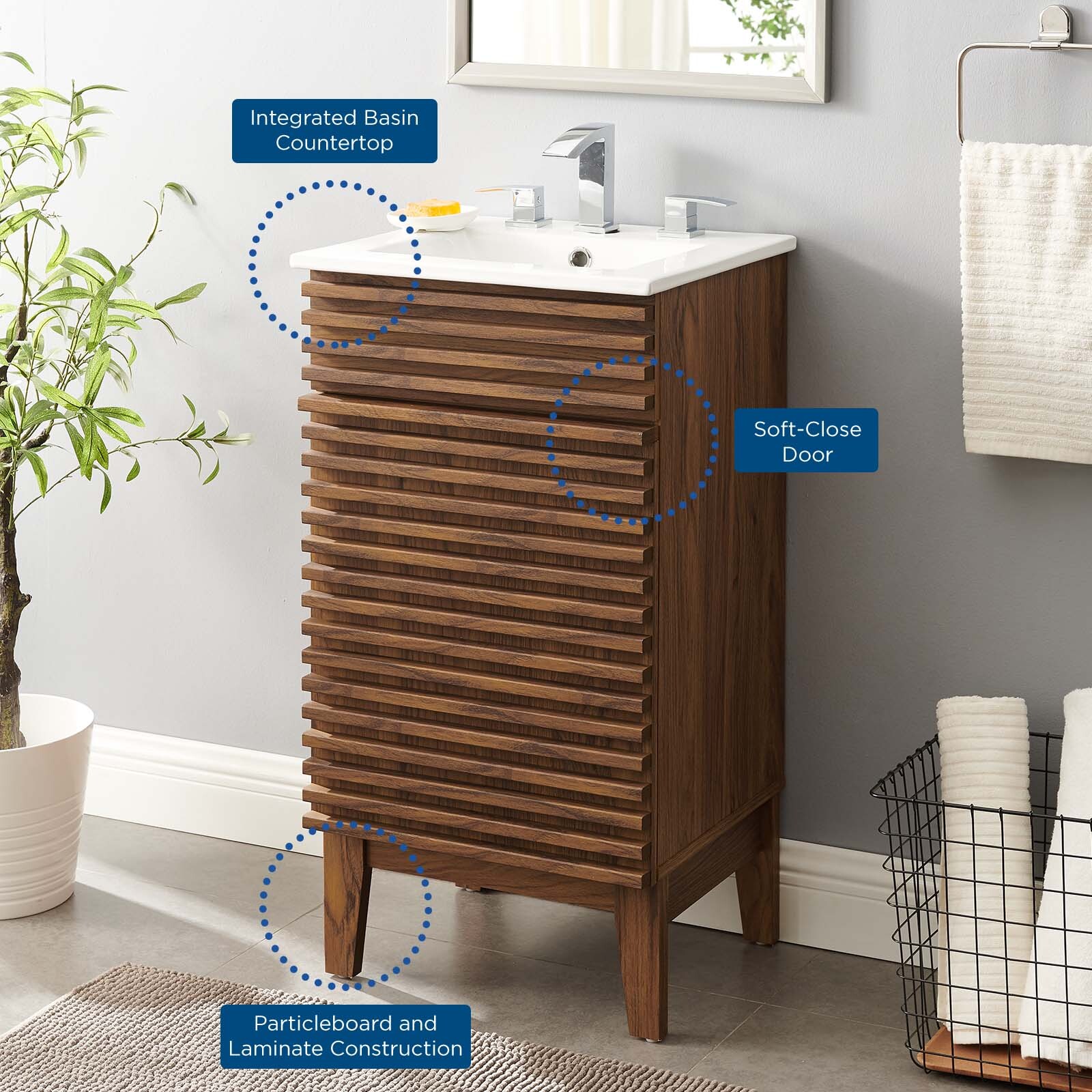 Modway Render 18″ Bathroom Vanity With Sink in Walnut White