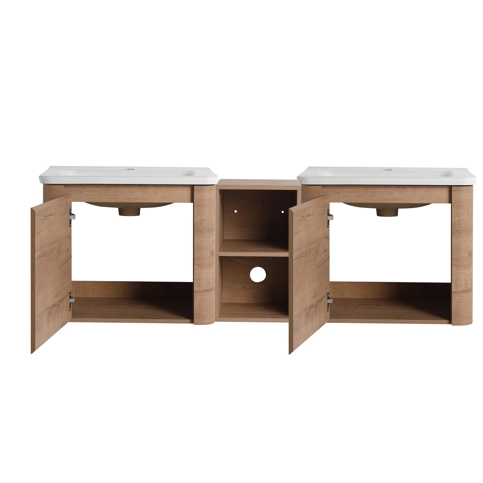 60in Wall-Mounted Bathroom Vanity W/ Double White Ceramic Sink Storage Shelves