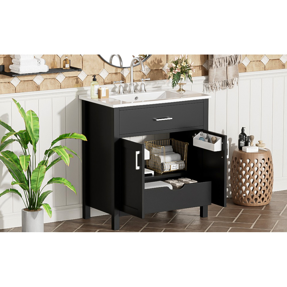 NEW 30″ Bathroom Vanity Ceramic Sink Soft Close 2 Doors 1 Drawer Storage Cabinet