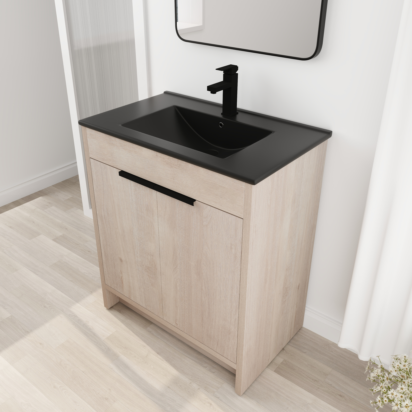 30″ Wooden Free Standing Bathroom Vanity W/ Black Sink Basin + Adjustable Shelf