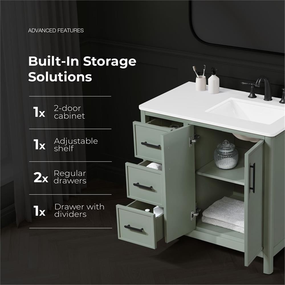 Pemberly Row 36″ Bathroom Vanity in Sage Green with White Countertop