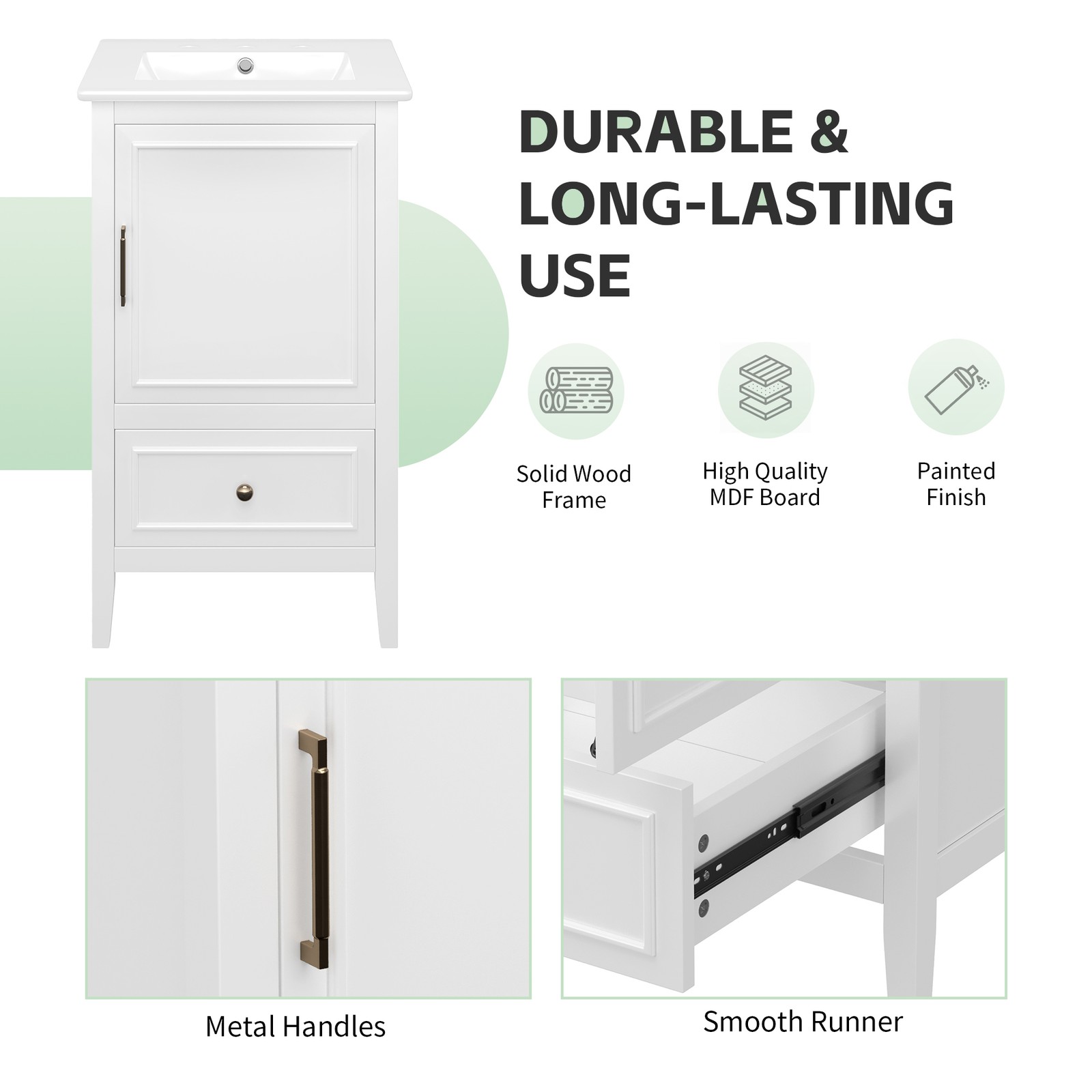 20″ Bathroom Vanity with Ceramic Sink, Cabinet & Drawer, White