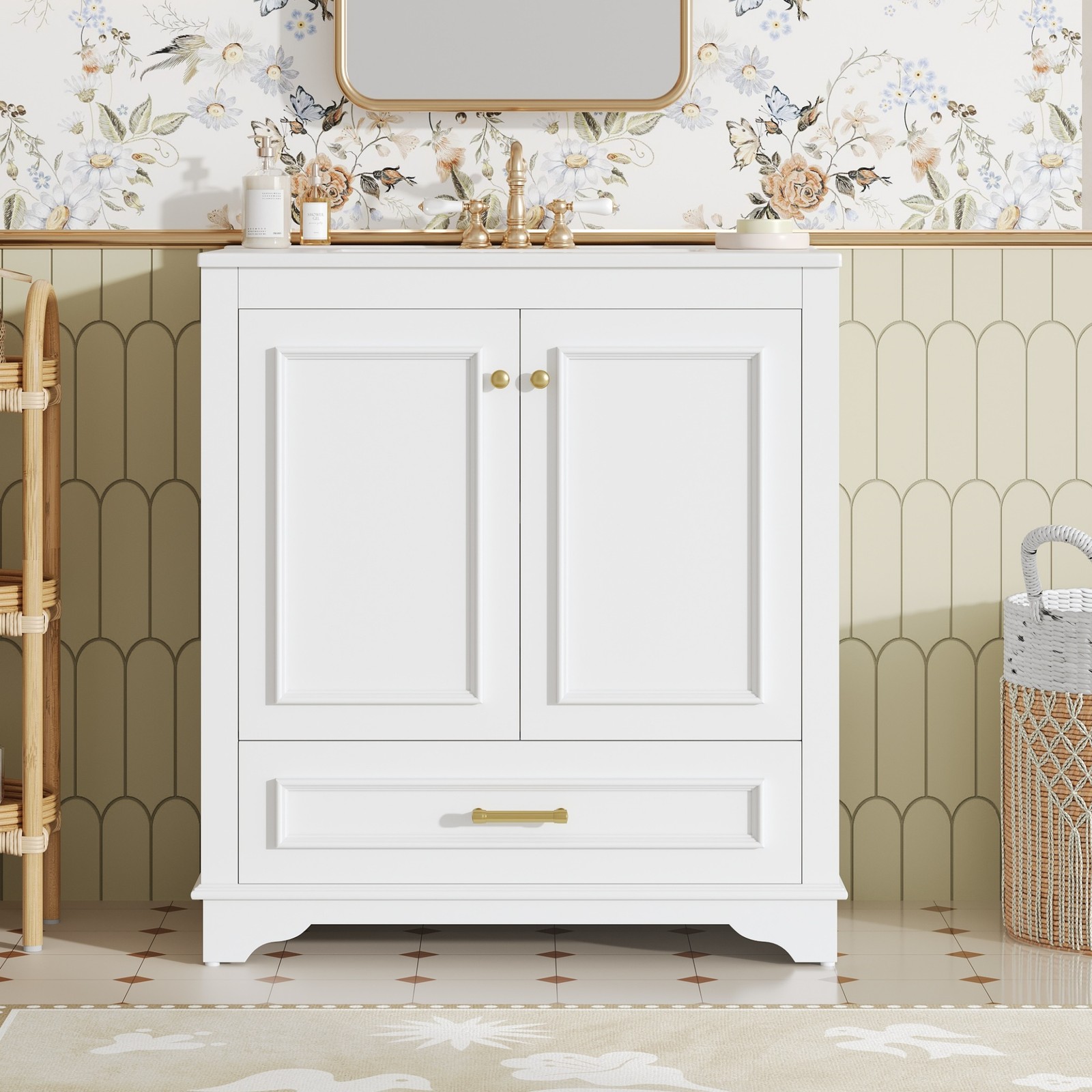 30″ Luxurious Bathroom Vanity w/Ceramic Sink, Solid Wood Frame Storage Cabinet