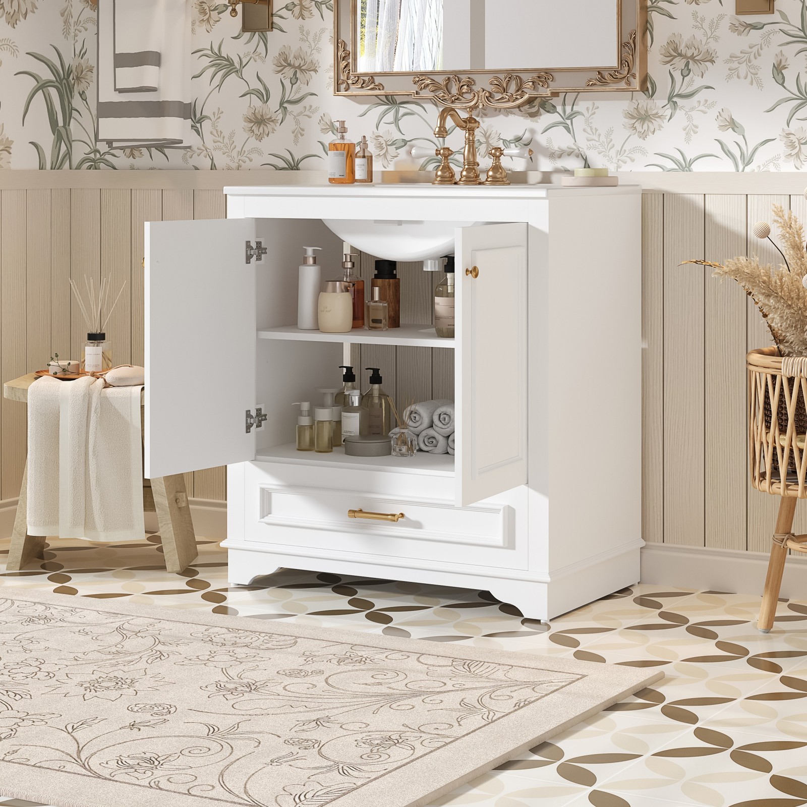 30″ Luxurious Bathroom Vanity w/Ceramic Sink, Solid Wood Frame Storage Cabinet