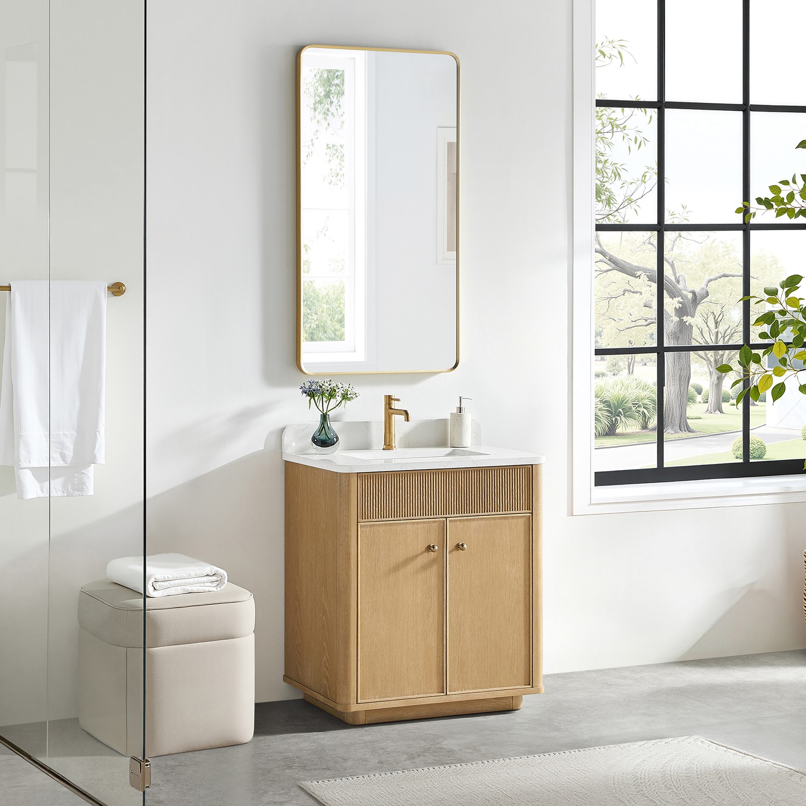 Zogno 30″ Solid Wood Single Bath Vanity in Washed Ash Gray with White Stone Top