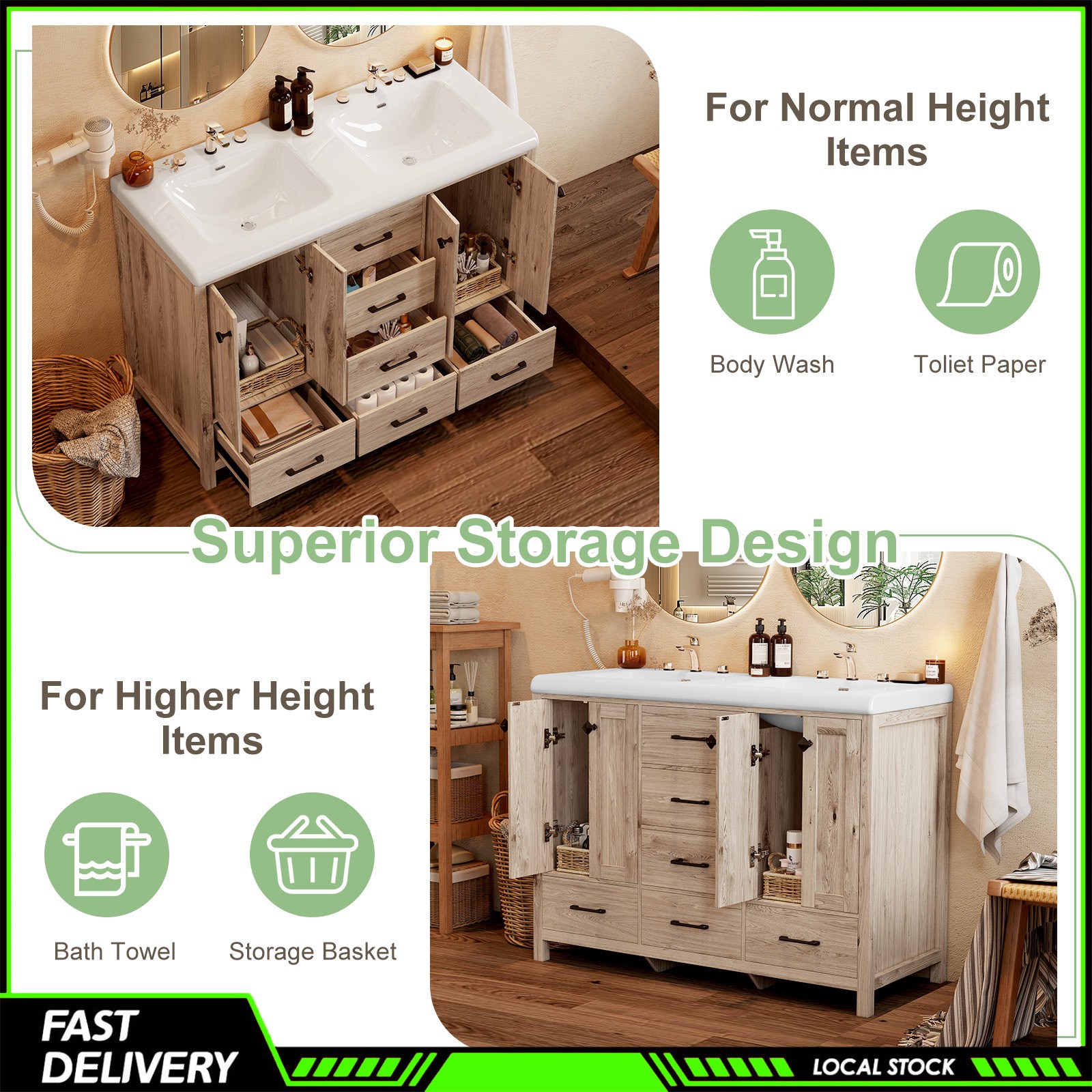 47 Inch Durable Bathroom Vanity Double Ceramic Sinks Cabinet with Doors &Drawers