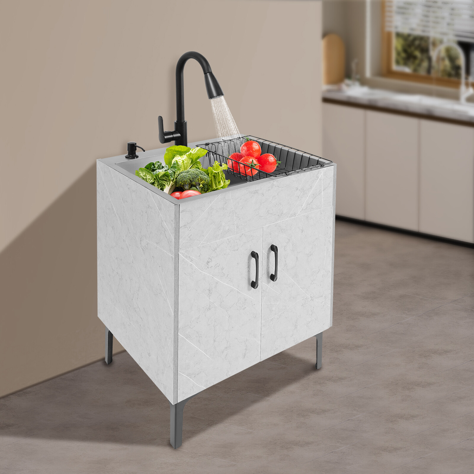 Grey Stainless Steel Sink & Freestanding Cabinet With Pull-Out Faucet