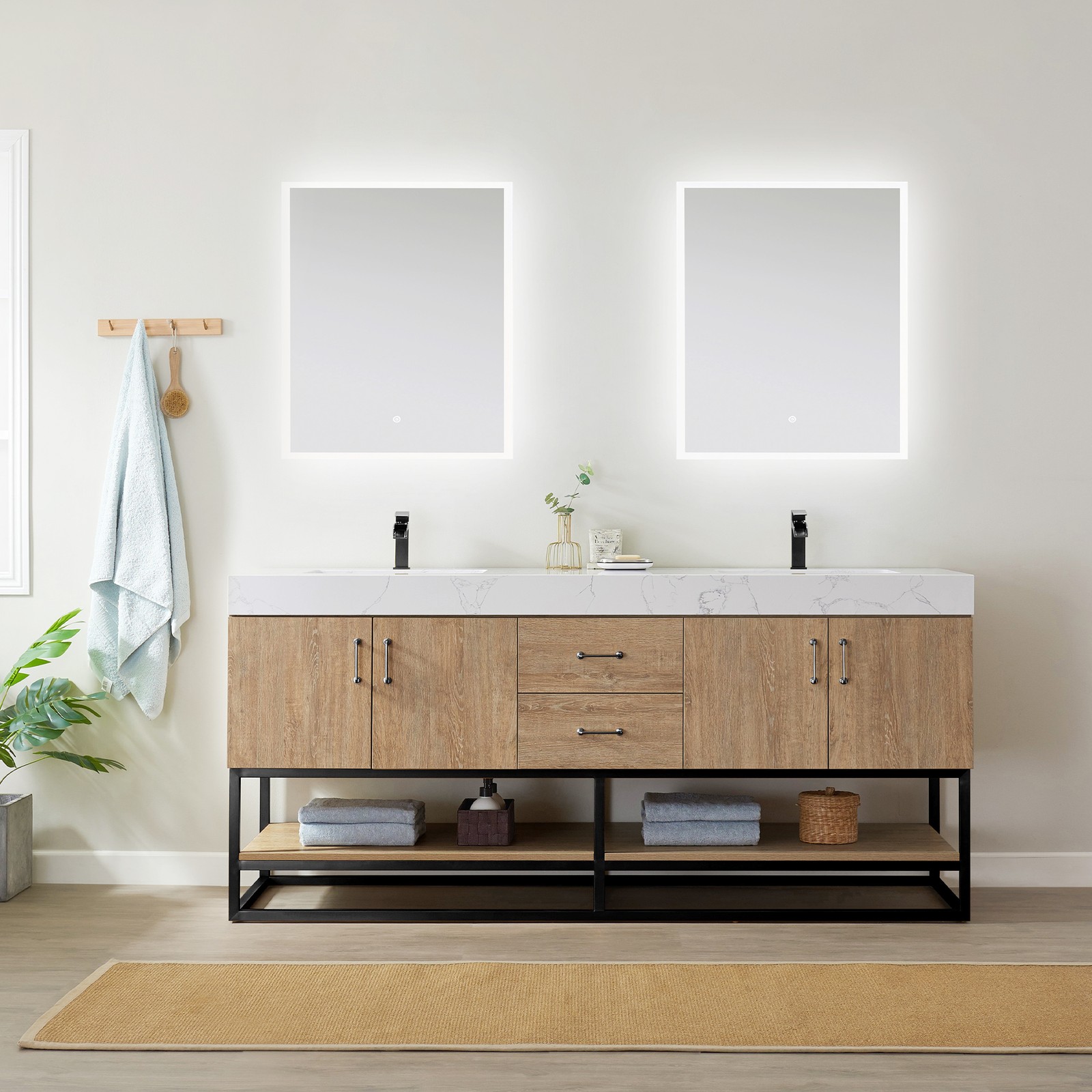 Vinnova Alistair 72″ White Stone Top Oak Double Vanity Black Frame w/o Mirror