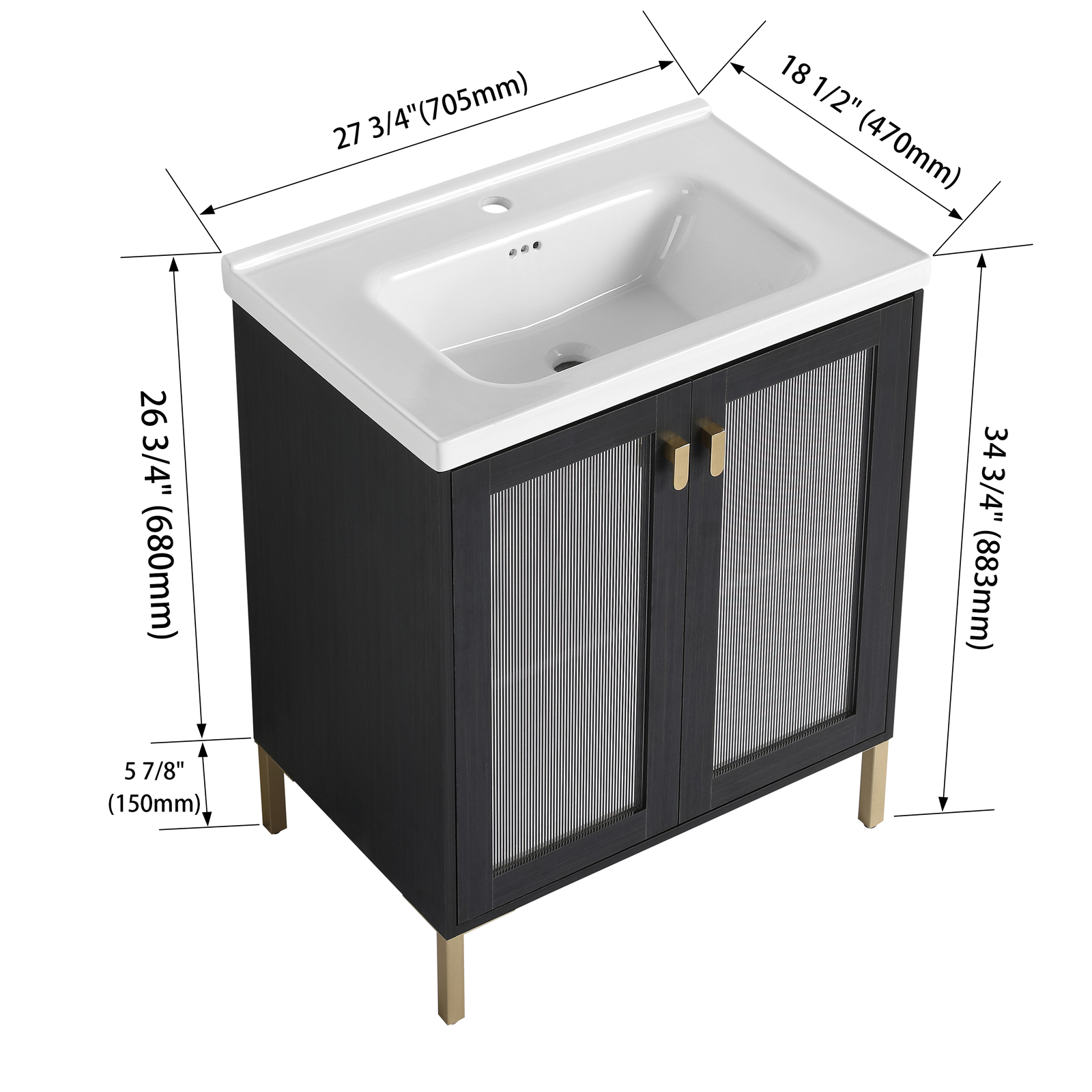 28″Wood Freestanding Bathroom Vanity Cabinet Ceramic Sink Basin Black Metal Legs