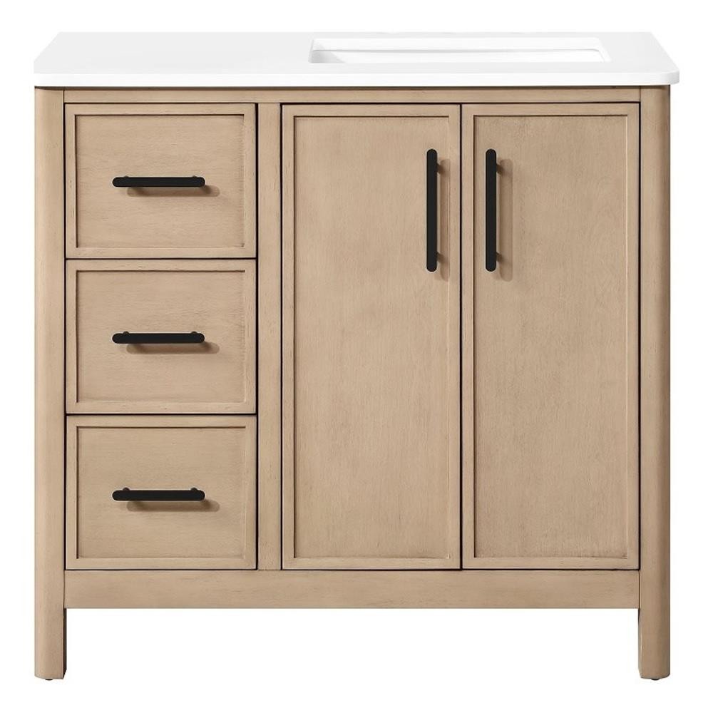 Solas 36″ Bathroom Vanity in Sahara Birch with White Countertop