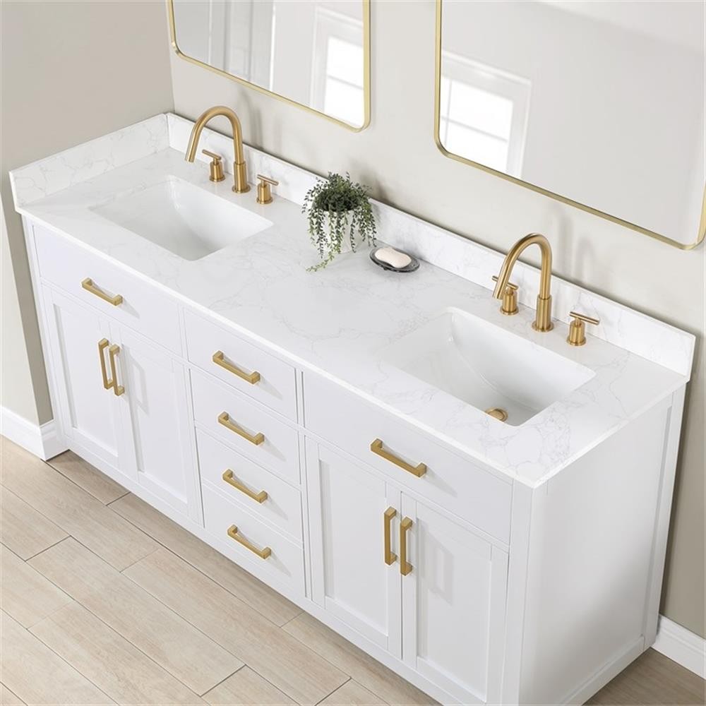 Gavino 72″ Wood Vanity in White with Grain White Composite Stone Top no Mirror