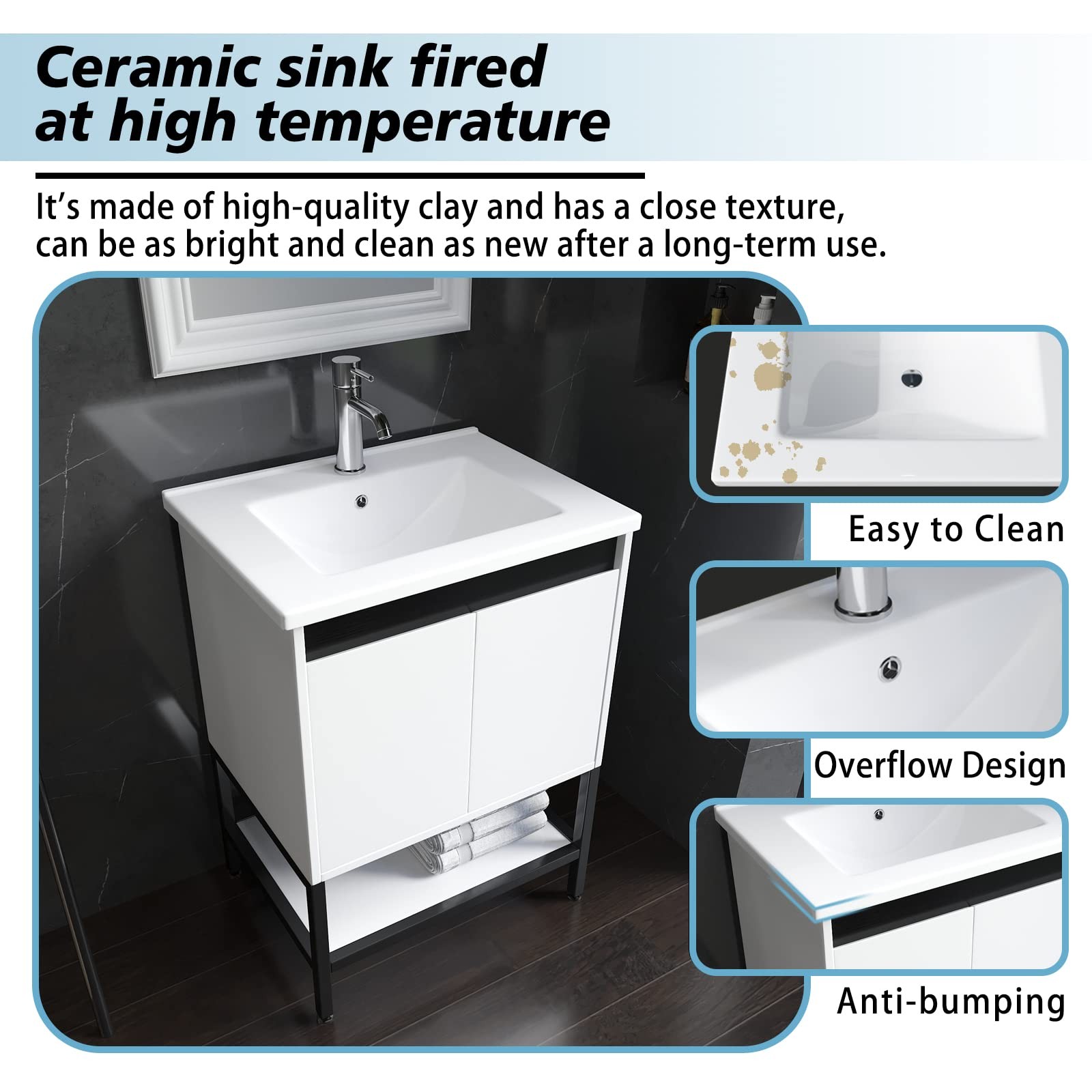 24” Bathroom Vanity with Ceramic Sink, Bathroom MDF Cabinet with White Wash B…