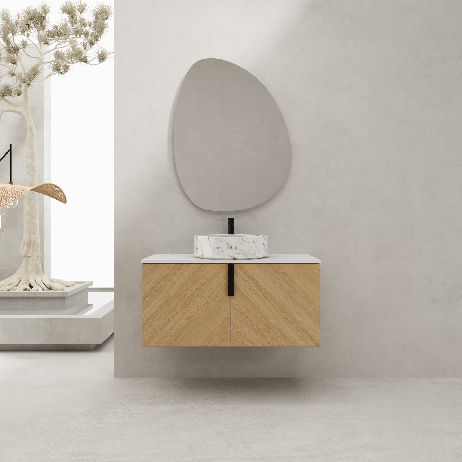 36 in Wall-Mounted Bathroom Vanity W/ Ceramic Vessel Sink Artificial Stone Slab