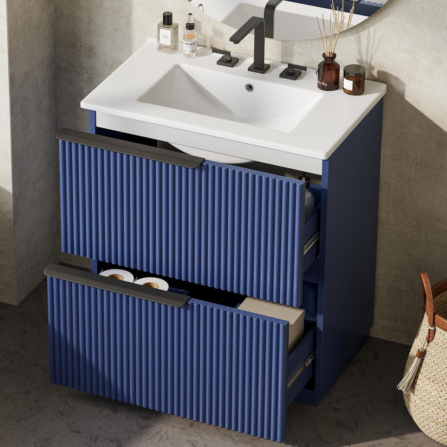Sleek 30” Black Bathroom Vanity with Solid Wood & Full-Extension Drawers