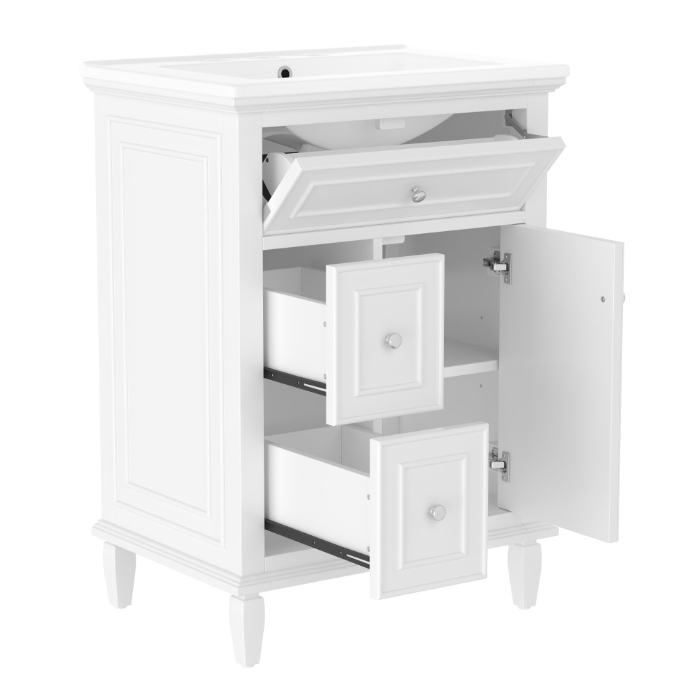 24 Inch White Bathroom Vanity with Ceramic Sink Solid Wood MDF Cabinet