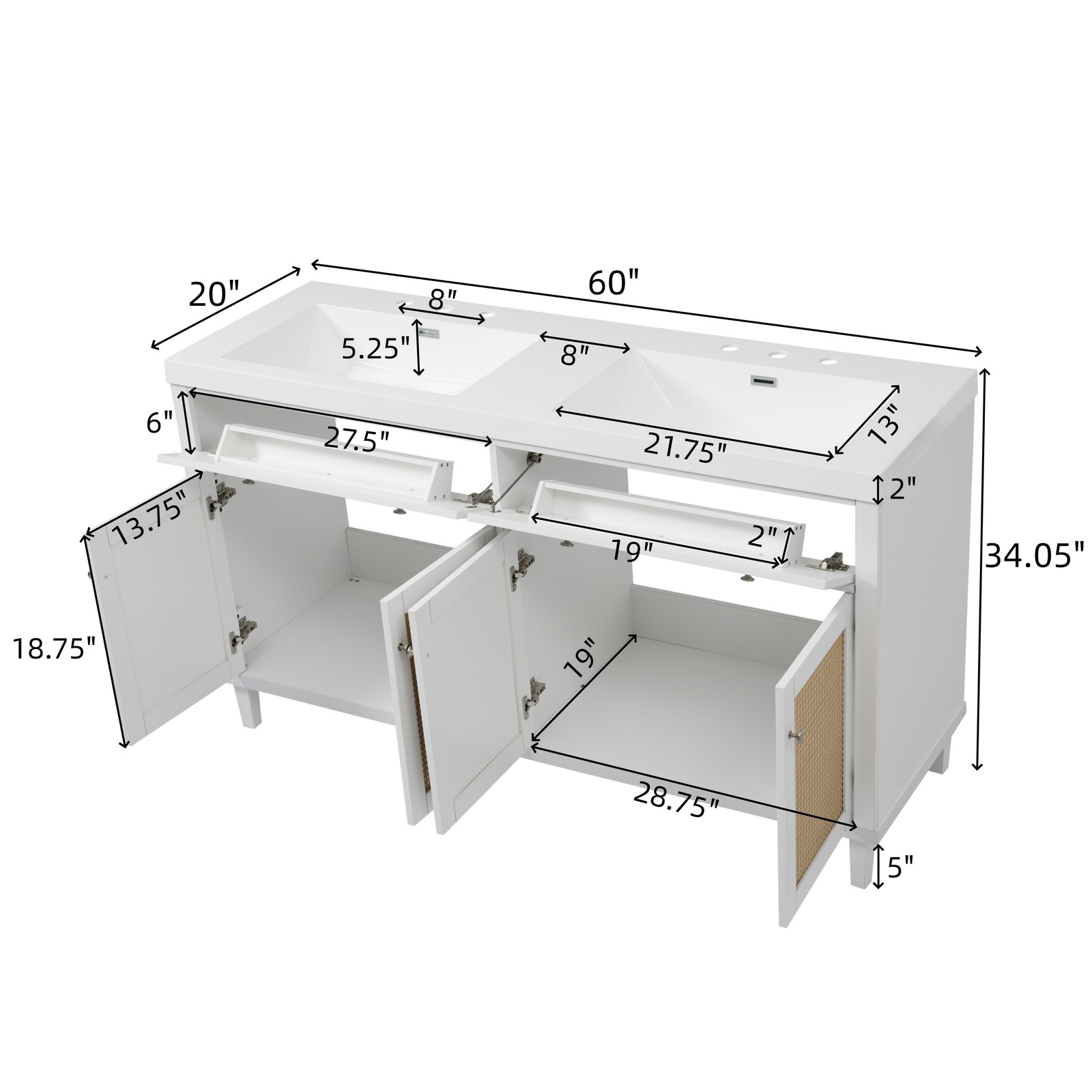 60in Bathroom Vanity w/Double SMC Sink Modern Large Storage Space w/2 Drawers