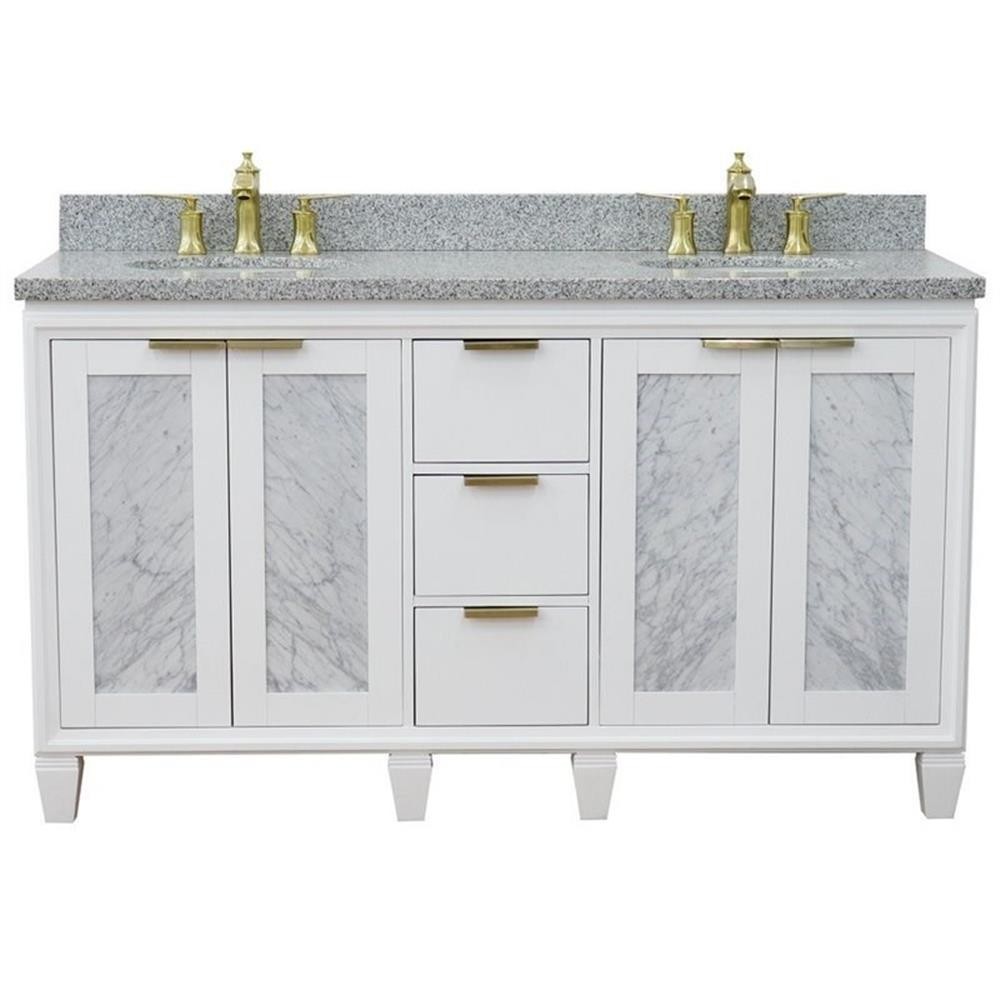 Pemberly Row 61″ Double Oval Sink Solid Wood Vanity in White/Gray Granite Stone