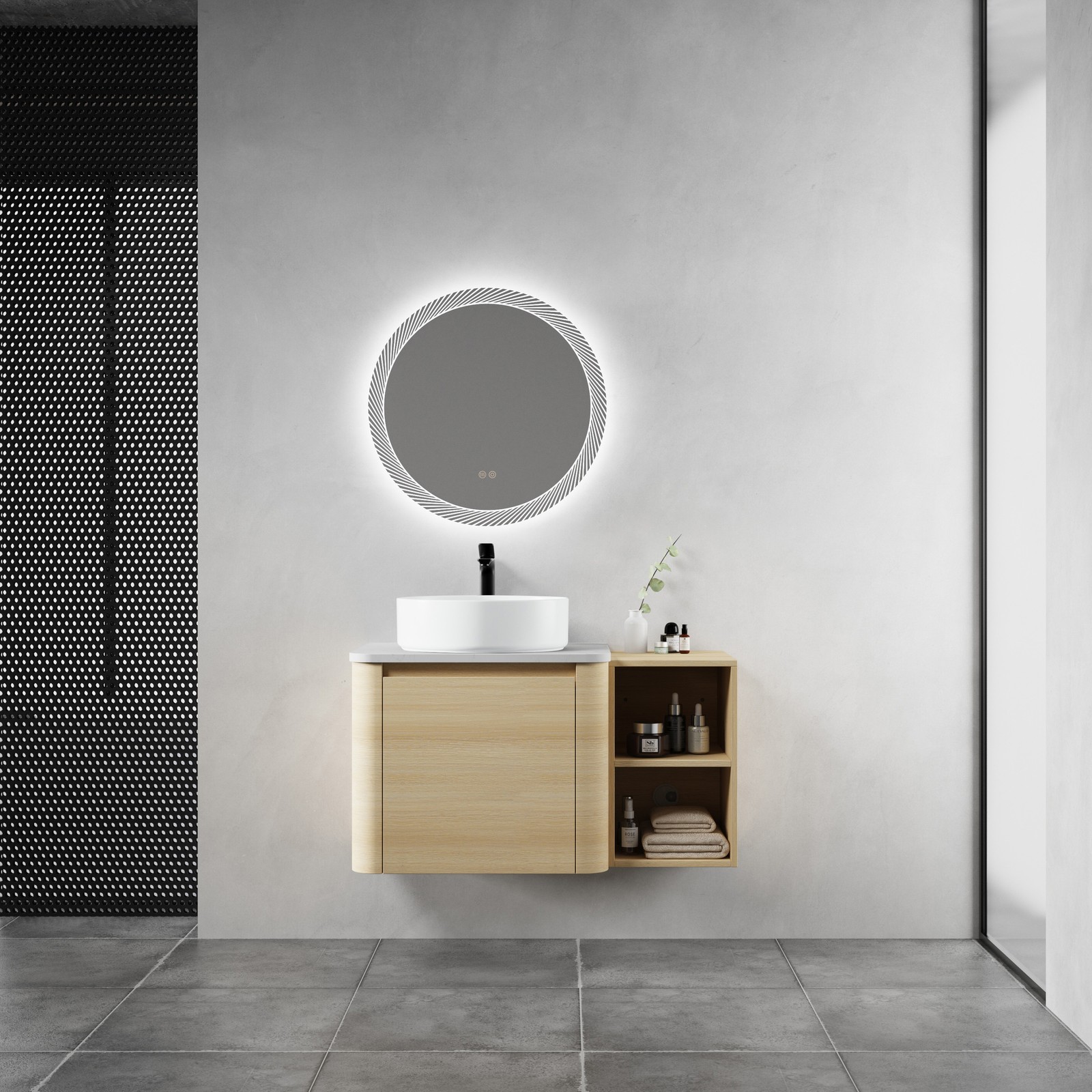 36in Plywood Floating Bathroom Vanity W/White Ceramic Basin Sink Storage Shelves
