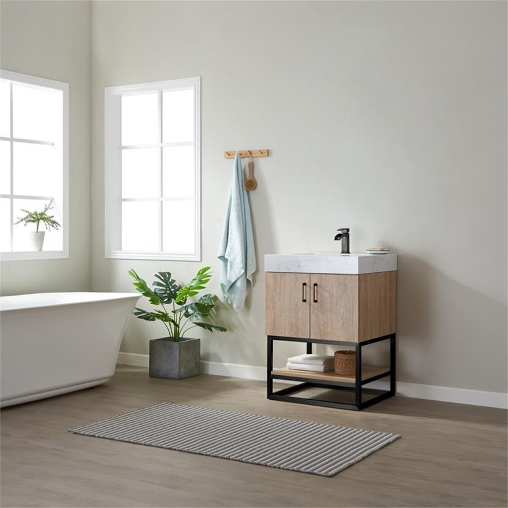 Pemberly Row 24″ White Stone Top Oak Single Vanity Black Frame with o Mirror