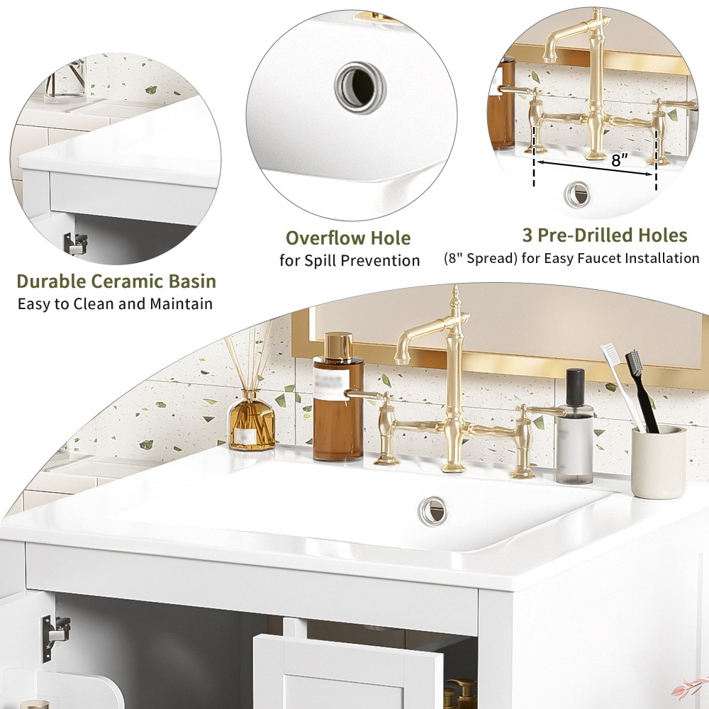 Bathroom vanity with sink Features double-door cabinet Includes three drawers