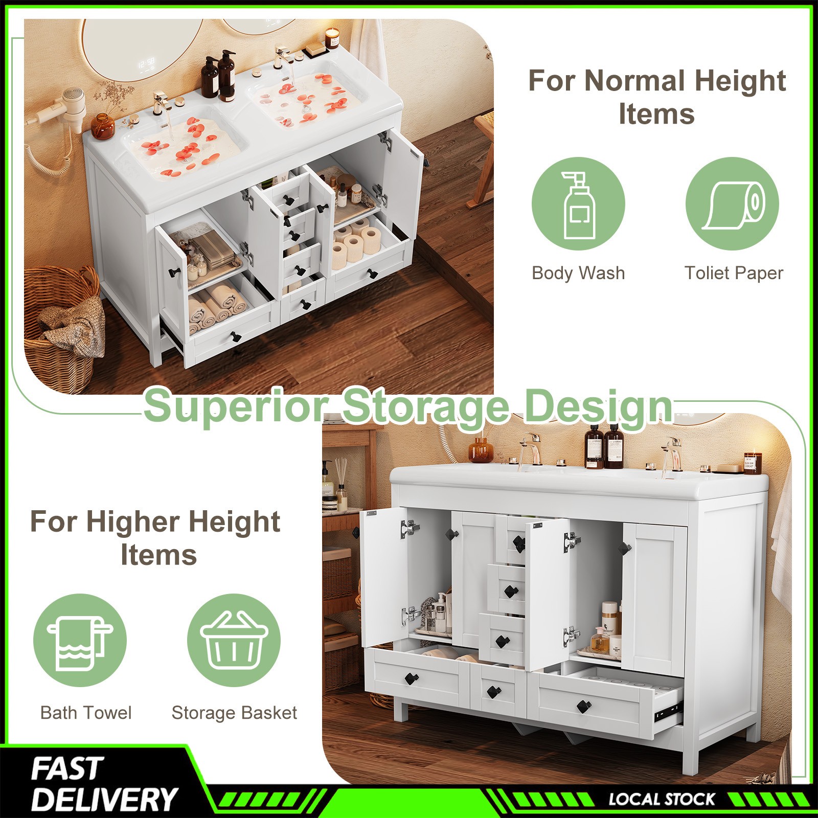 47 Inch White Modern Bathroom Vanity Double Ceramic Sinks Freestanding 5 Drawers