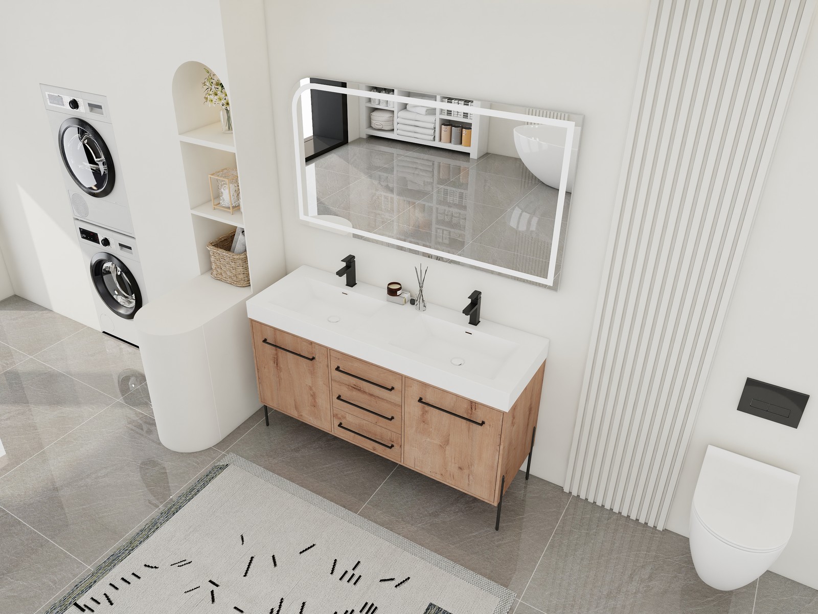 60 in Freestanding Bathroom Vanity White Double Resin Sink 2 Doors 3 Drawers