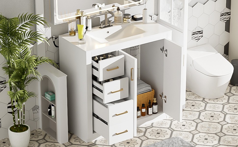 36″ Bathroom Vanity with Ceramic Sink, Solid Wood Frame, 3 Drawers & Doors