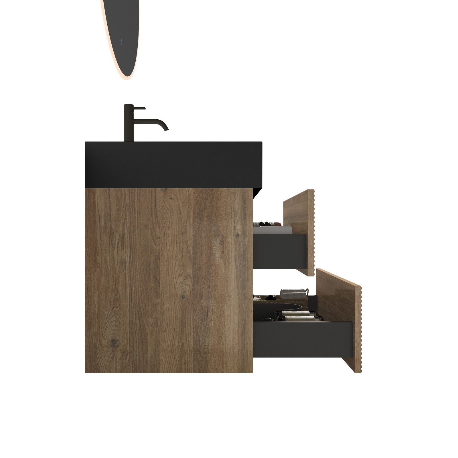 24″ Rough Oak Floating Bathroom Vanity with Black Sink & Drawers