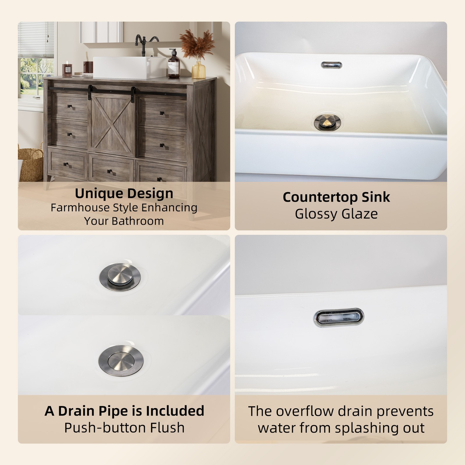 48″ Bathroom Vanity Bathroom Storage Cabinet with Ceramic Sink Farmhouse Wood