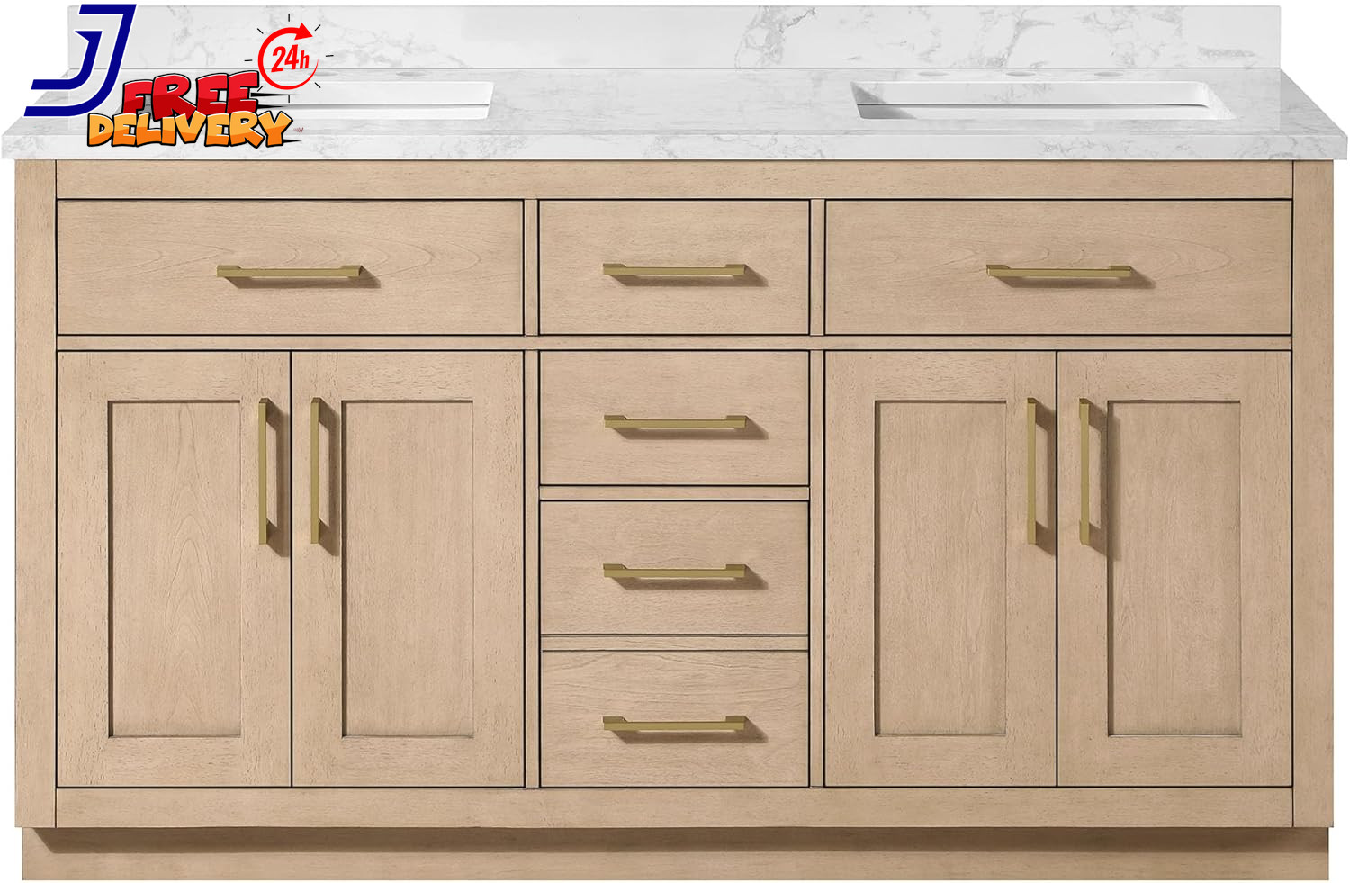 60 In. Double Sink Freestanding Sahara Birch Bathroom Vanity w/White Engineered