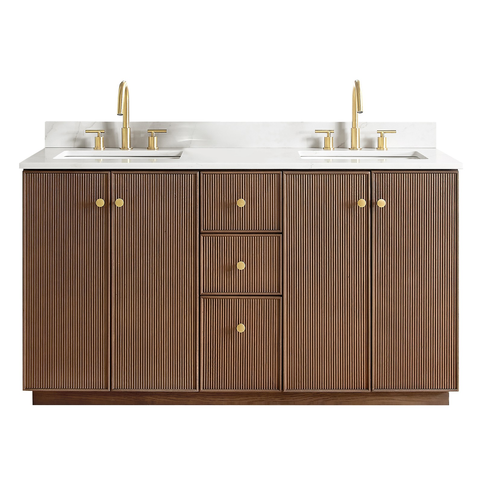 Oza 60M”Double Bath Vanity in Aged Dark Brown Oak with Fish Maw White Quartz Top