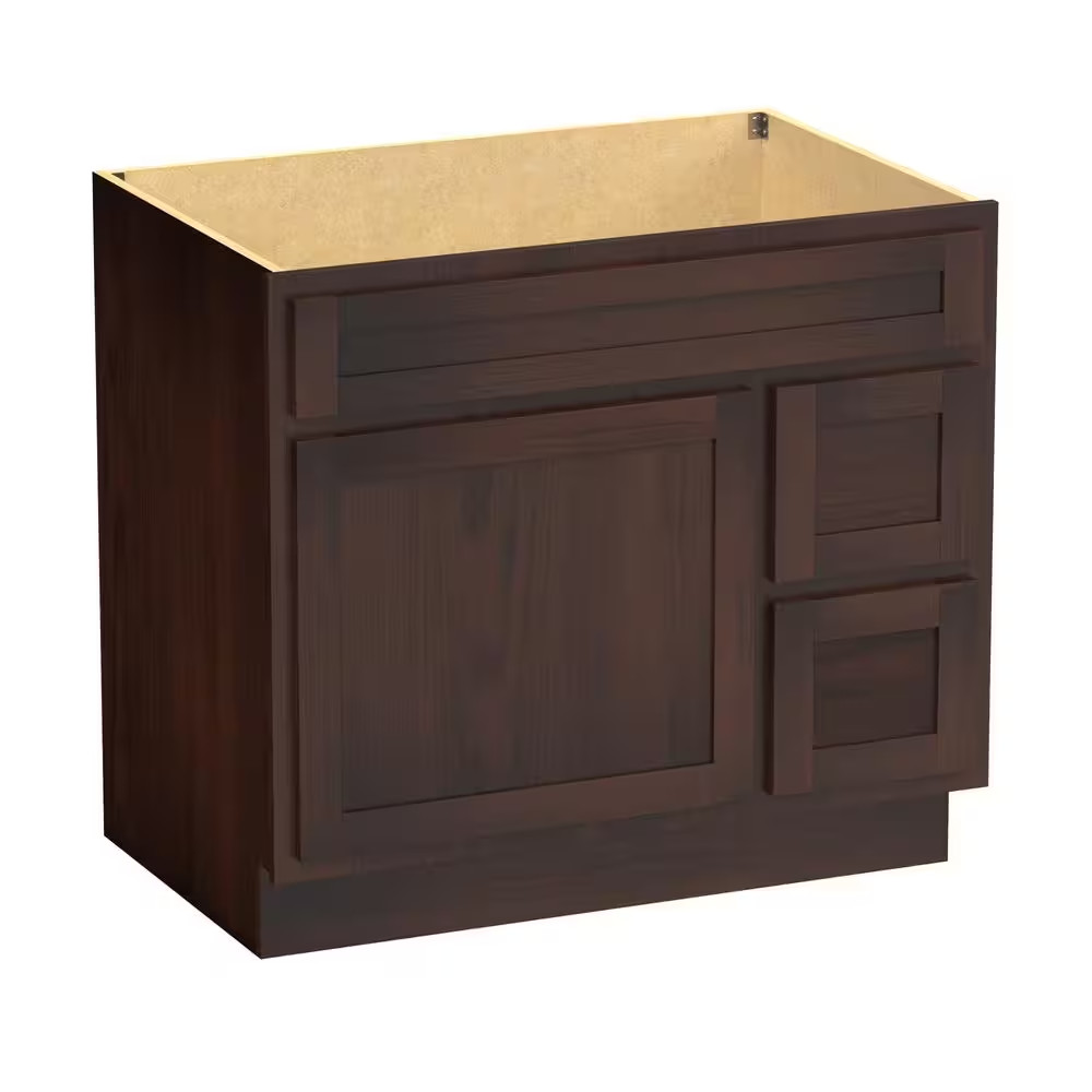 36 In. W X 21 In. D X 32.5 In. H 2-Right Drawers Bath Vanity Cabinet Only in Bro