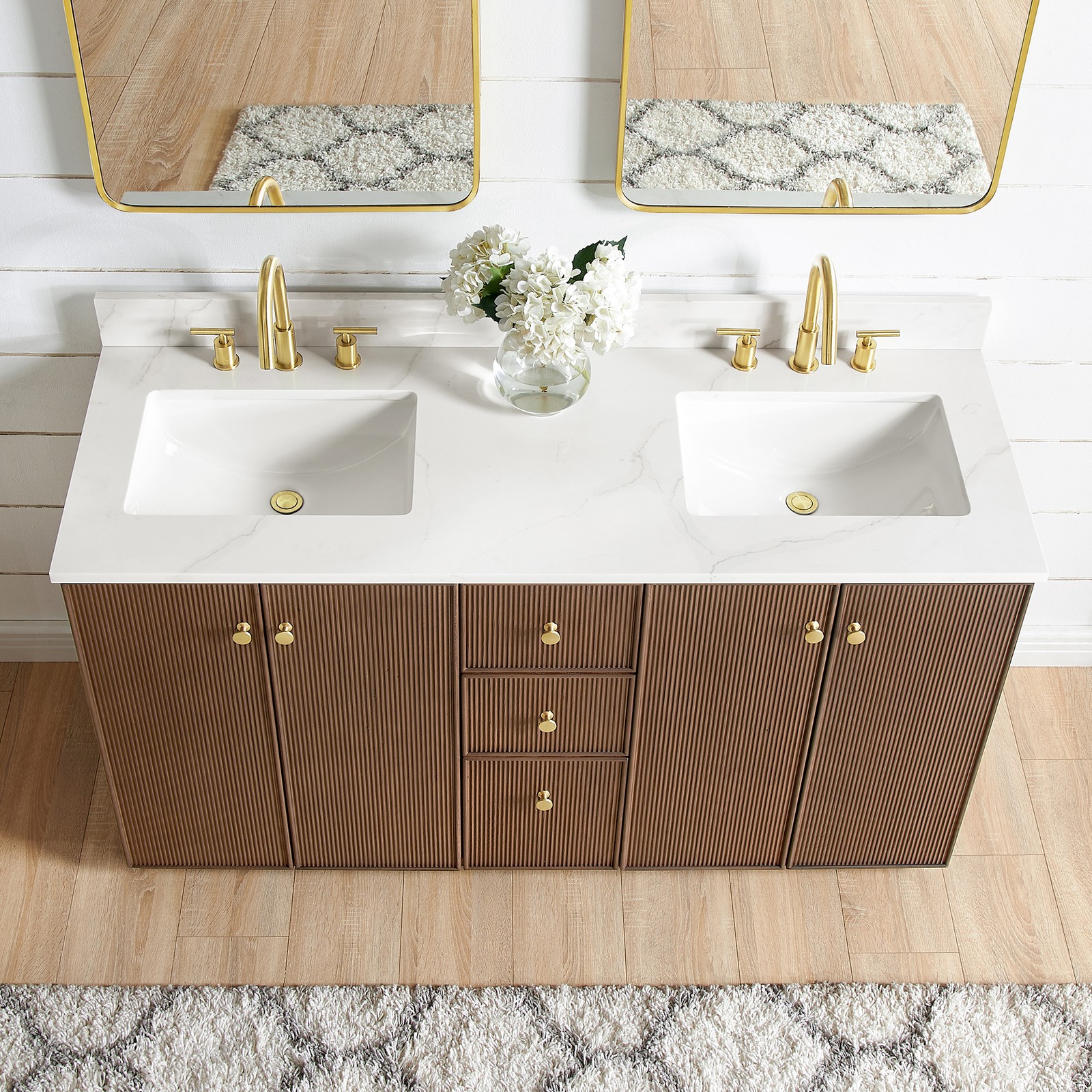 Oza 60M”Double Bath Vanity in Aged Dark Brown Oak with Fish Maw White Quartz Top