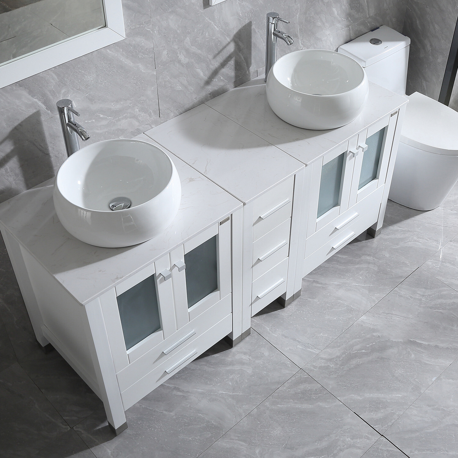 60” White Double Vanity Cabinets Bathroom Ceramic Bowls Faucet w/Mirrors Combo