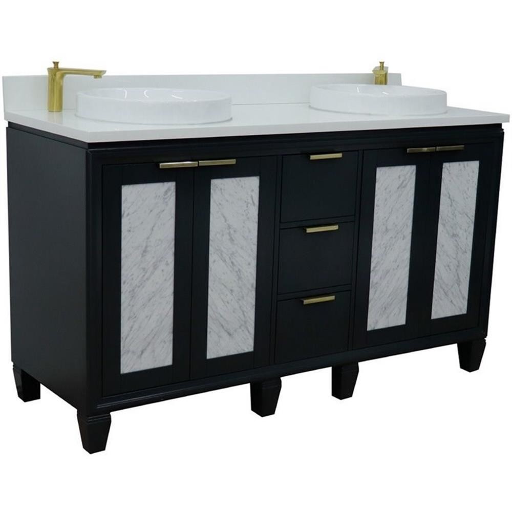Pemberly Row 61″ Double Round Sink Vanity in Dark Gray/White Quartz Stone