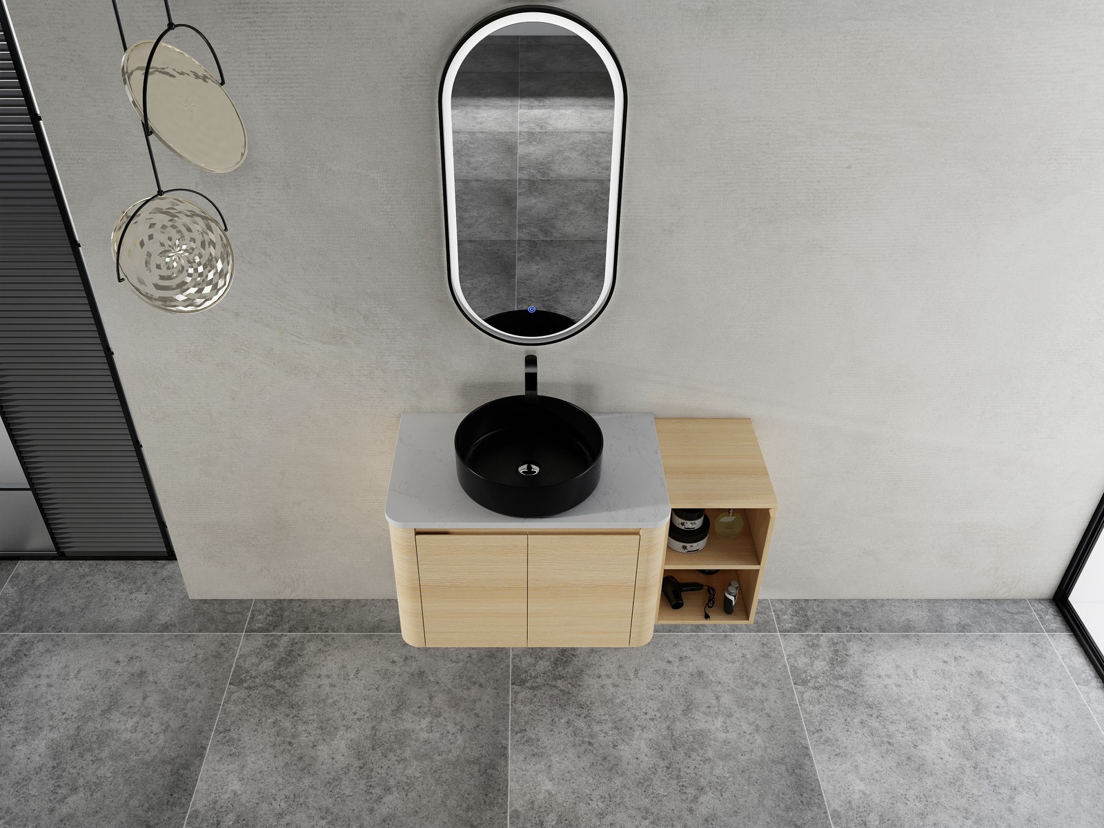 42in Plywood Floating Bathroom Vanity W/Black Ceramic Basin Sink Storage Shelves