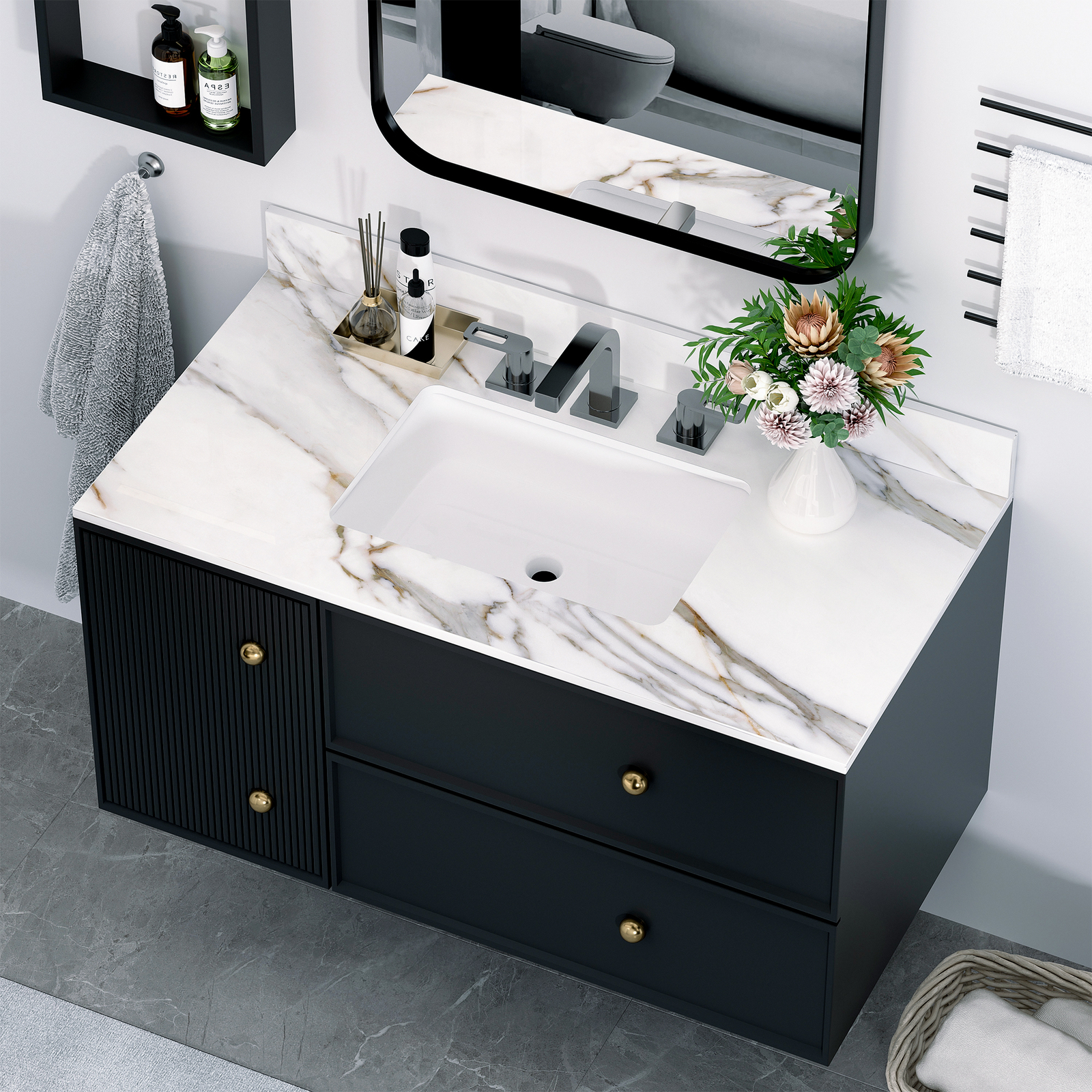 43 Inch Marble Vanity Top Sintered Stone Undermount Rectangular Sink +3 Hole