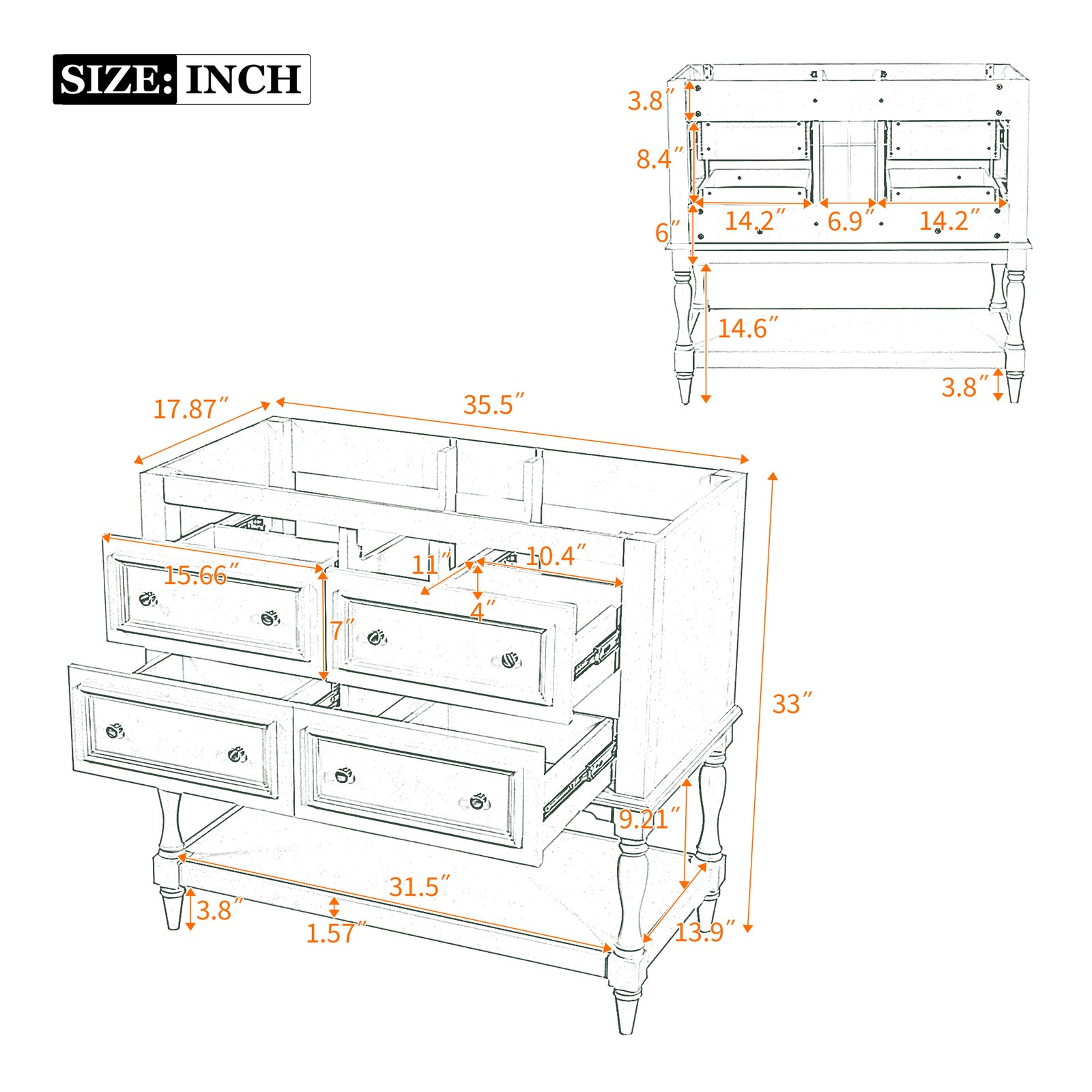 36″ Bathroom Vanity Cabinet with 4 Drawers, Solid Wood Frame, Black